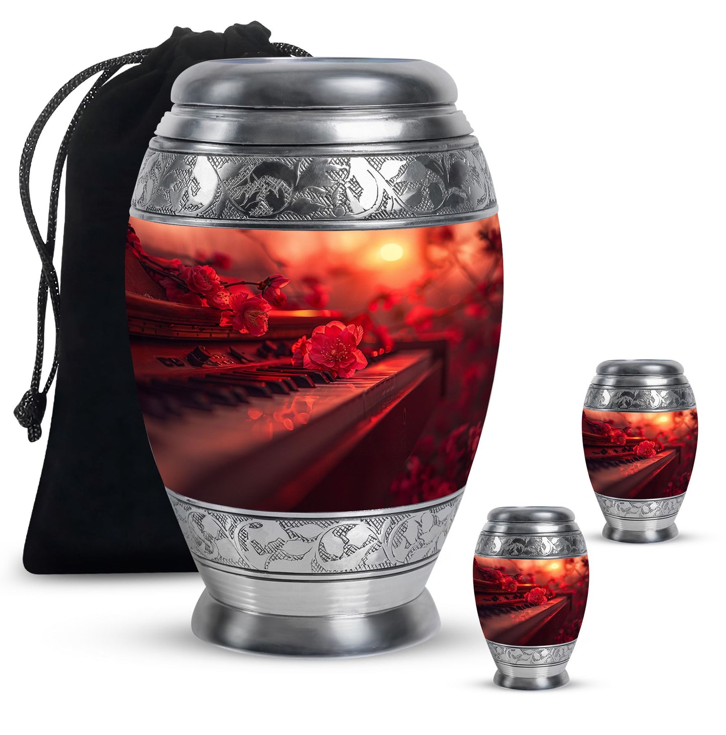 Piano Theme Large Urn With 2 Keepsake Urn