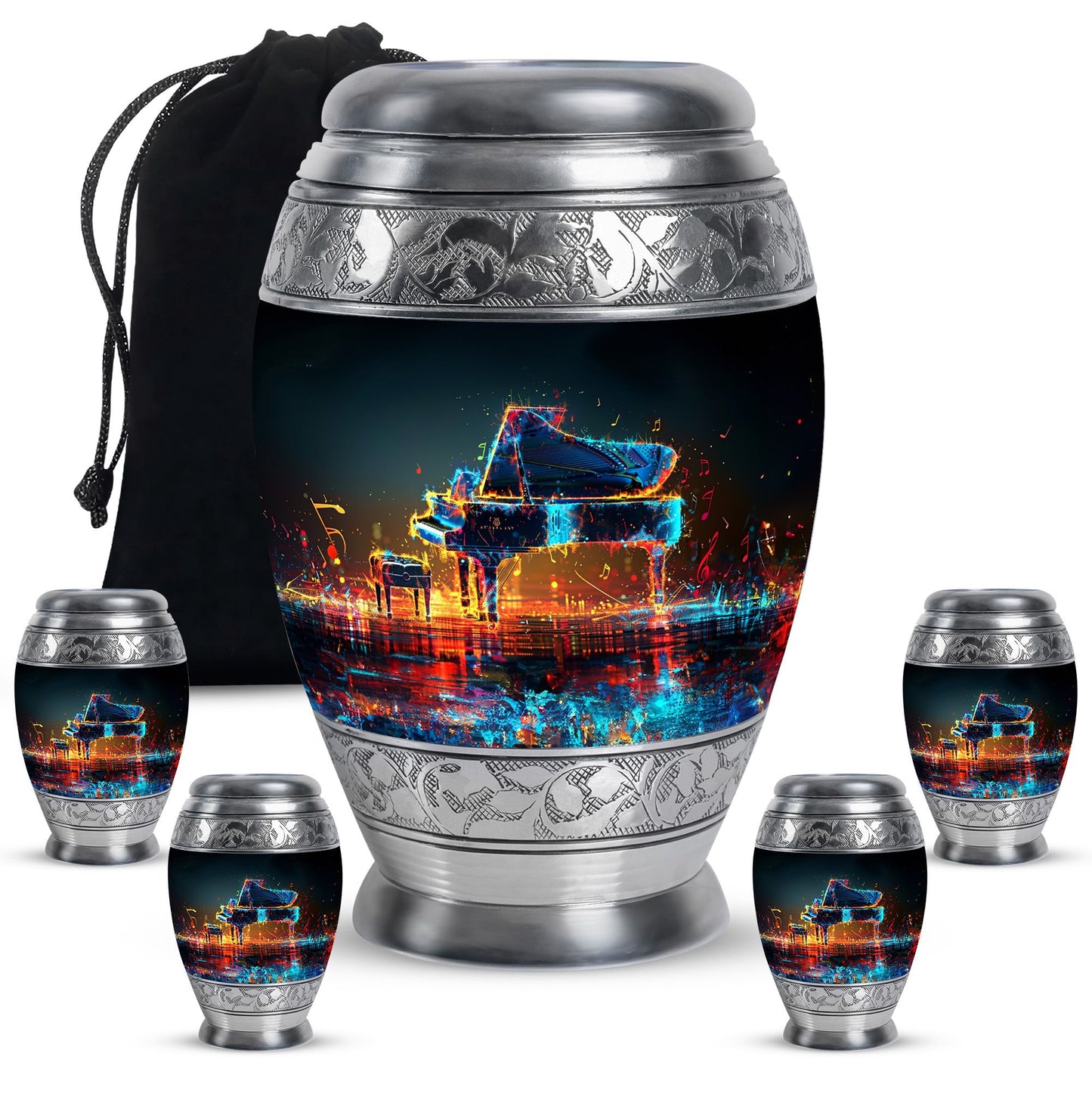 Piano Theme Large Urn With 4 Keepsake Urn