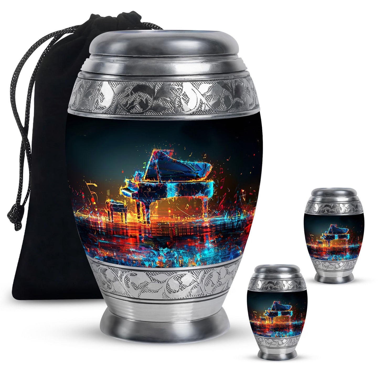 Piano Theme Large Urn With 2 Keepsake Urn