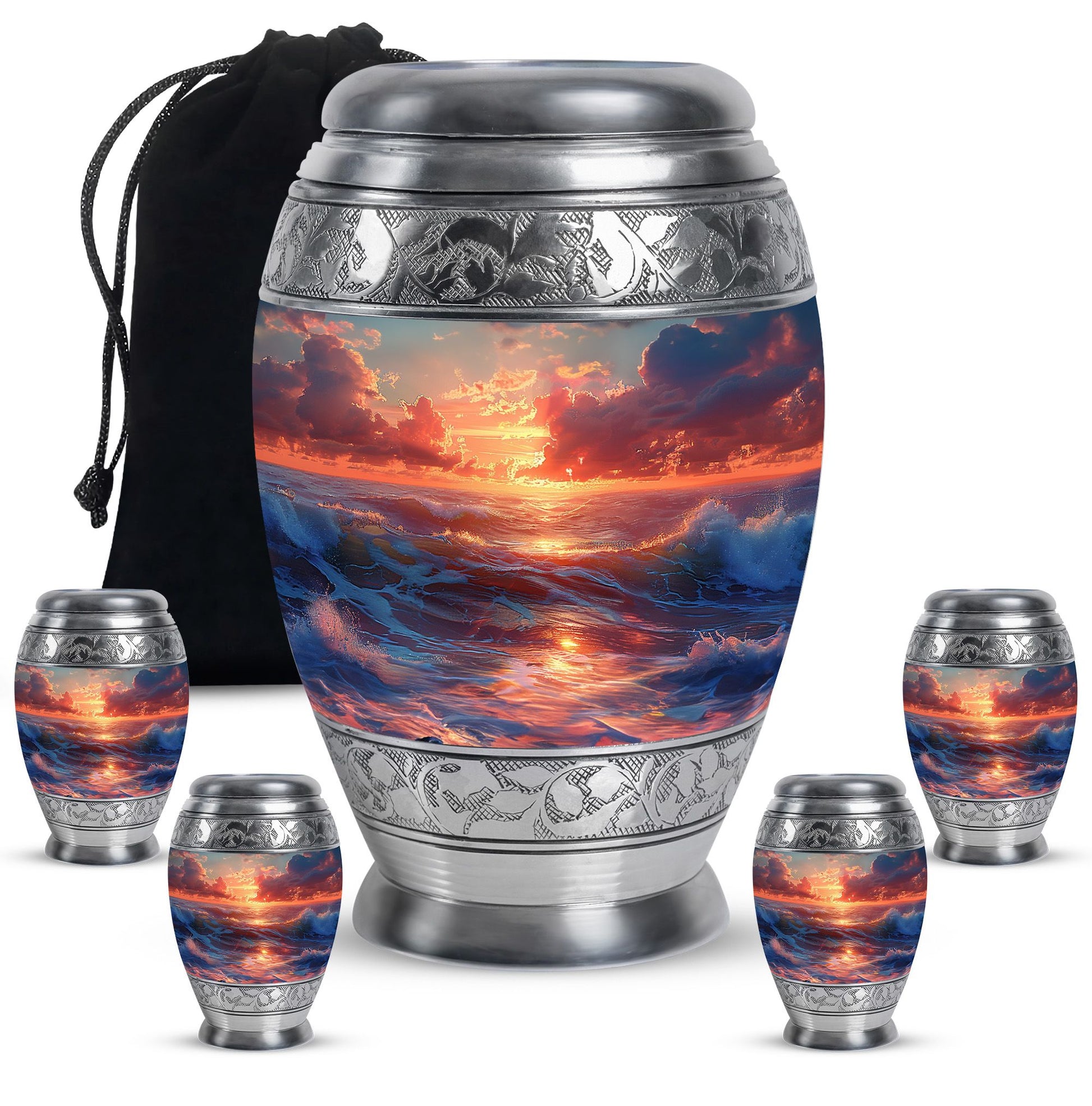 Sunrise Theme Large Urn With 4 Keepsake Urn