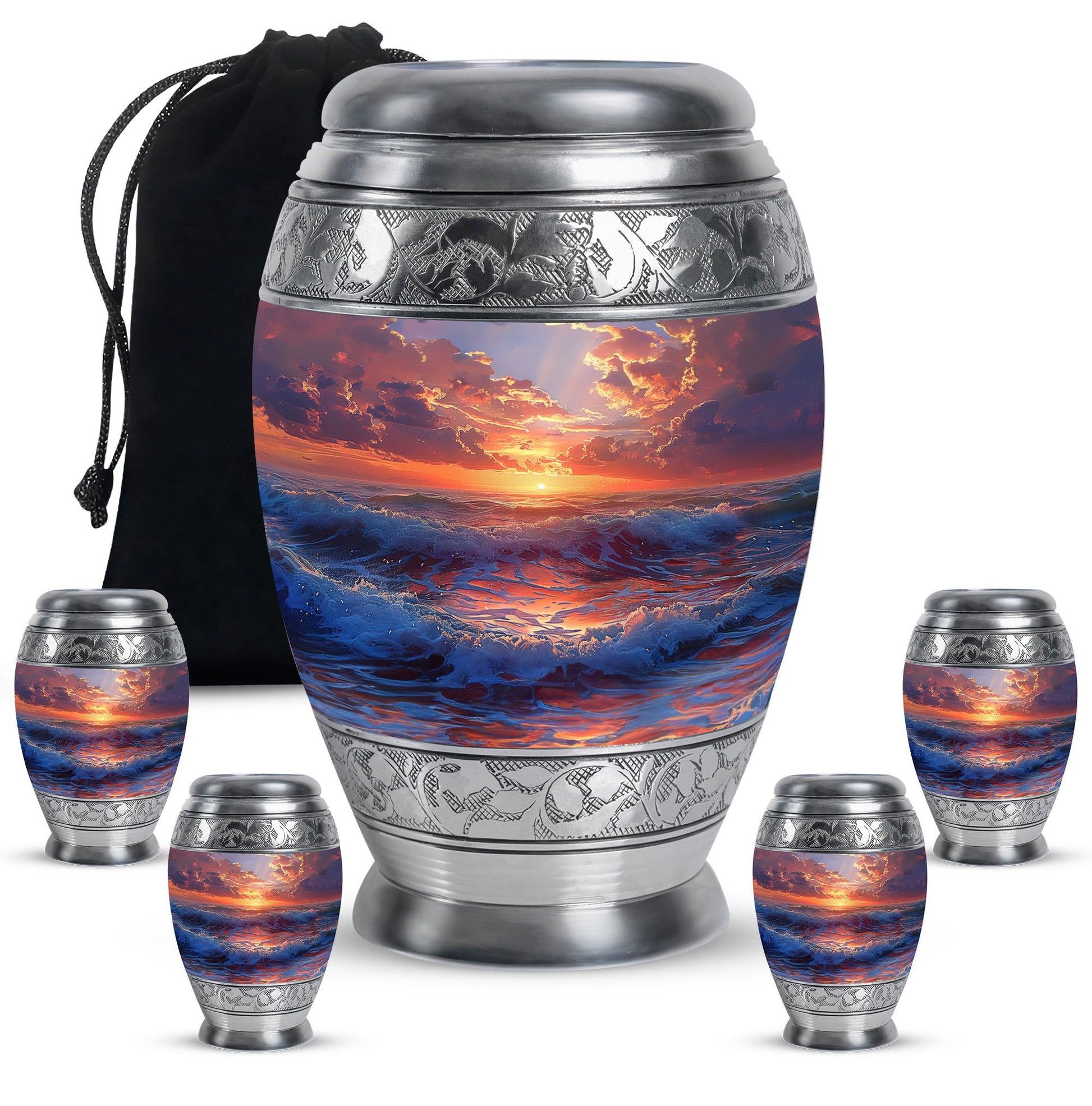 Sunrise Theme Large Urn With 4 Keepsake Urn