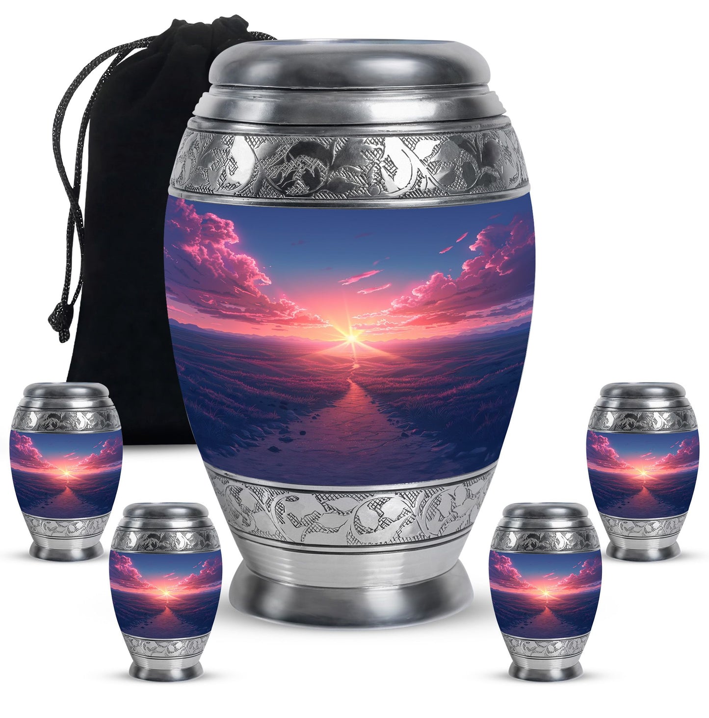 Sunrise Theme Large Urn With 4 Keepsake Urn