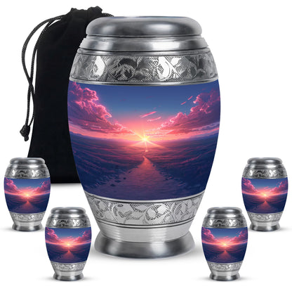 Sunrise Theme Large Urn With 4 Keepsake Urn