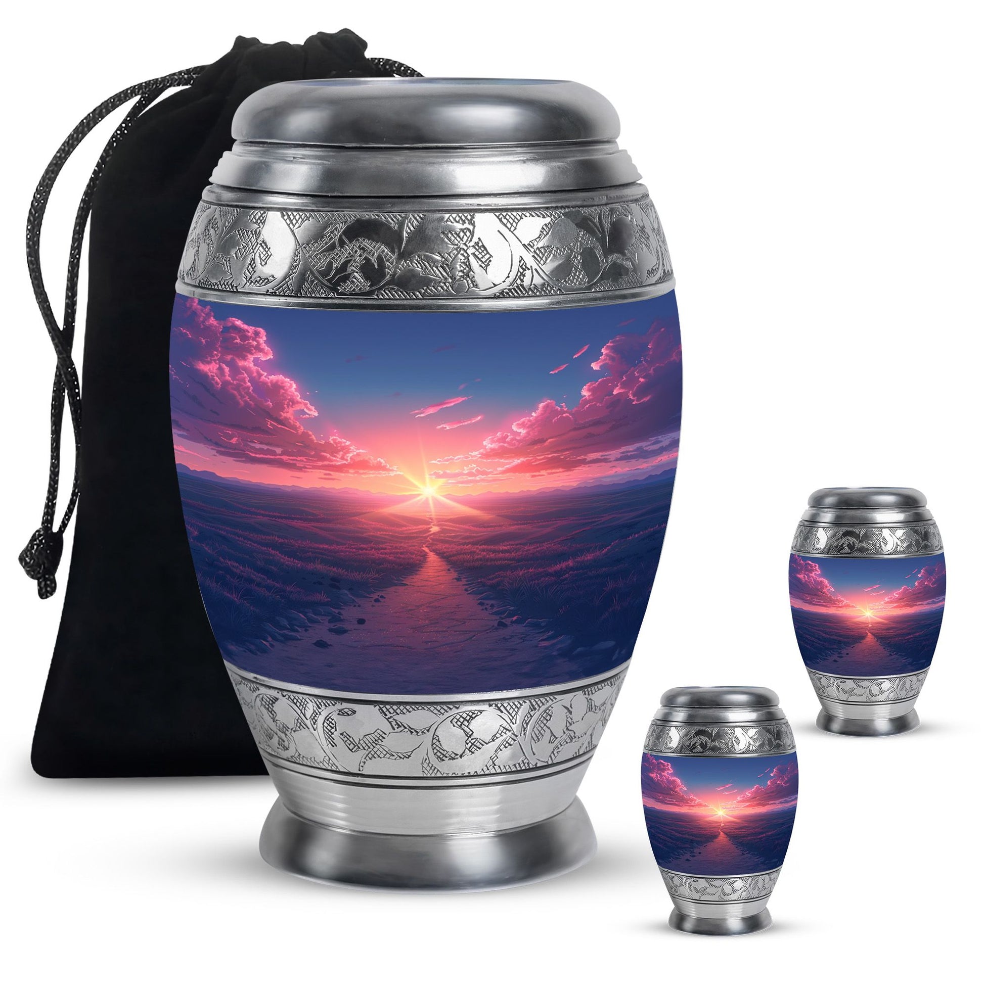 Sunrise Theme Large Urn With 2 Keepsake Urn