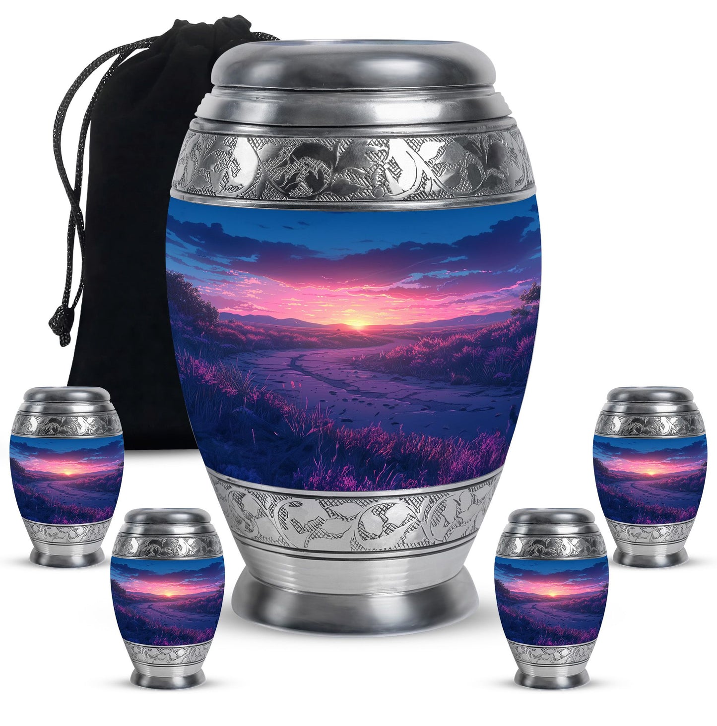 Sunrise Theme Large Urn With 4 Keepsake Urn