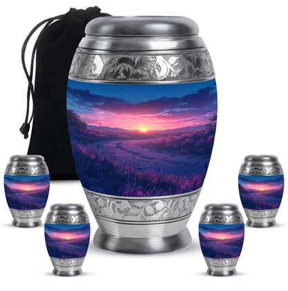 Sunrise Theme Large Urn With 4 Keepsake Urn