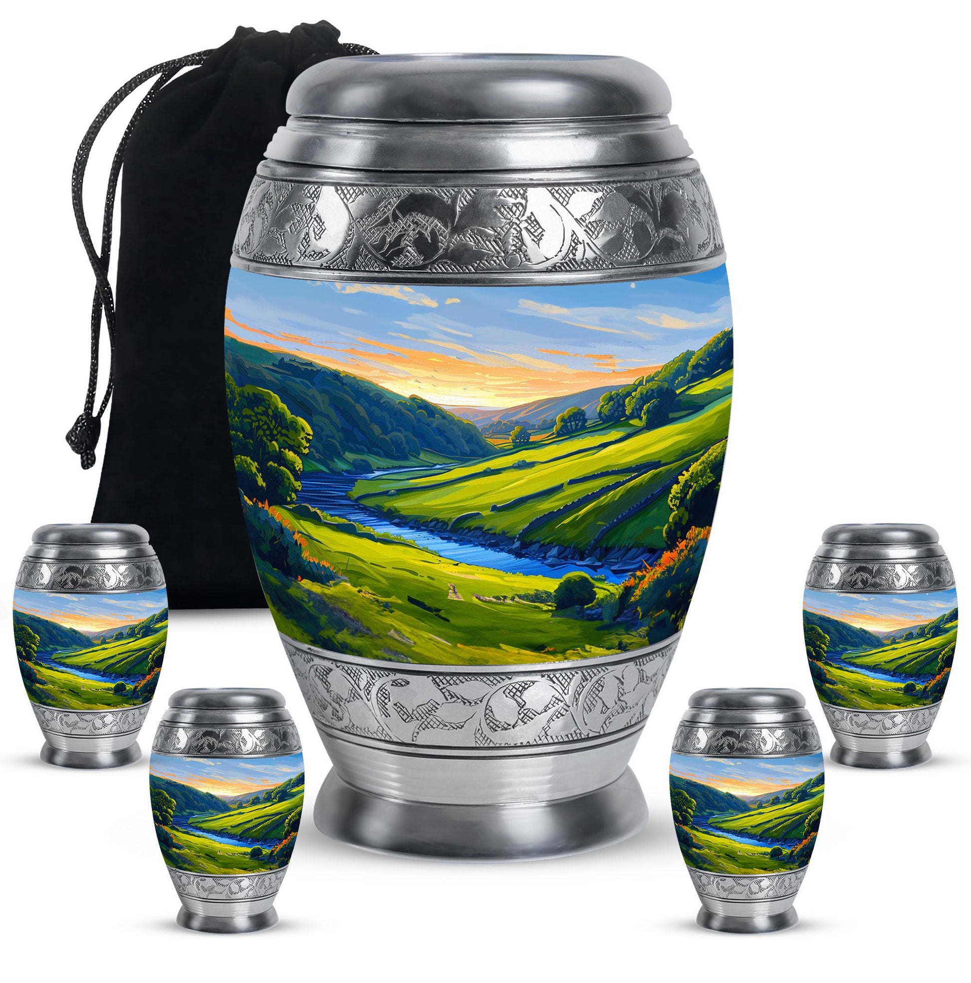 Sunrise Theme Large Urn With 4 Keepsake Urn