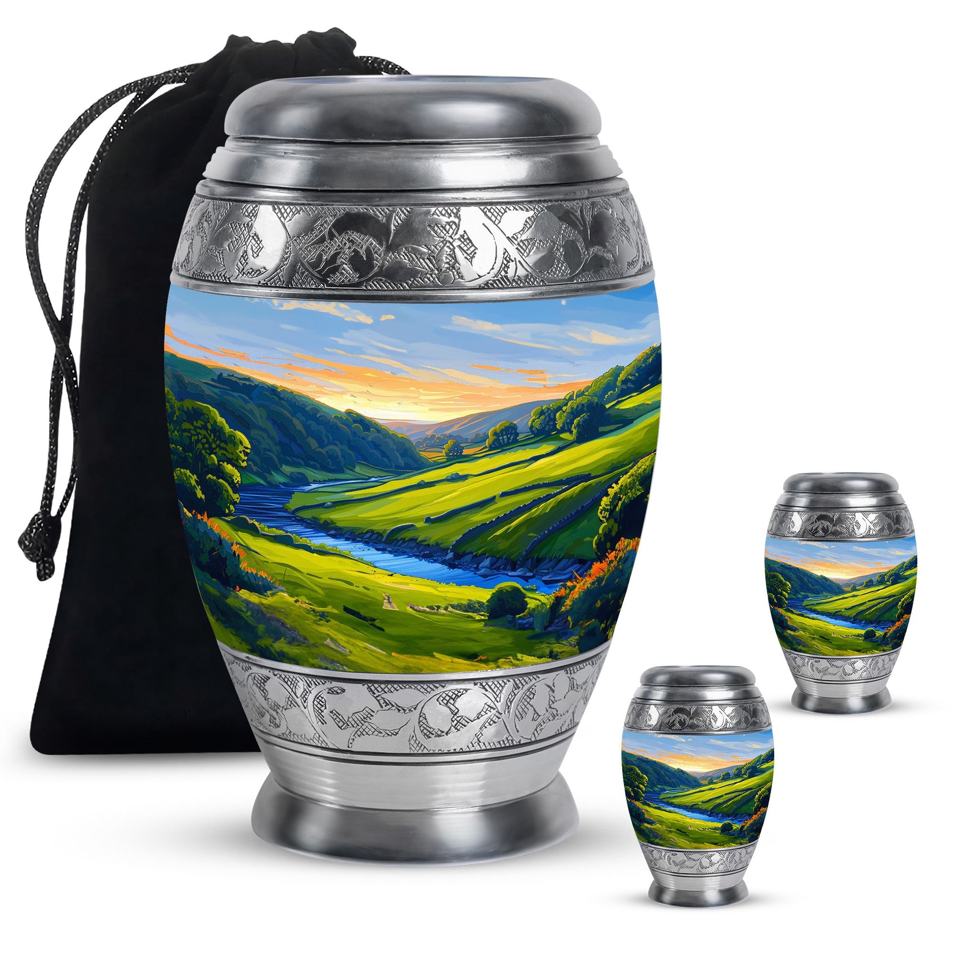 Sunrise Theme Large Urn With 2 Keepsake Urn