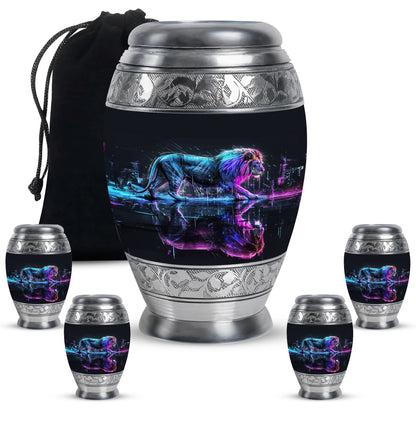 Lion Theme Large Urn With 4 Keepsake Urn