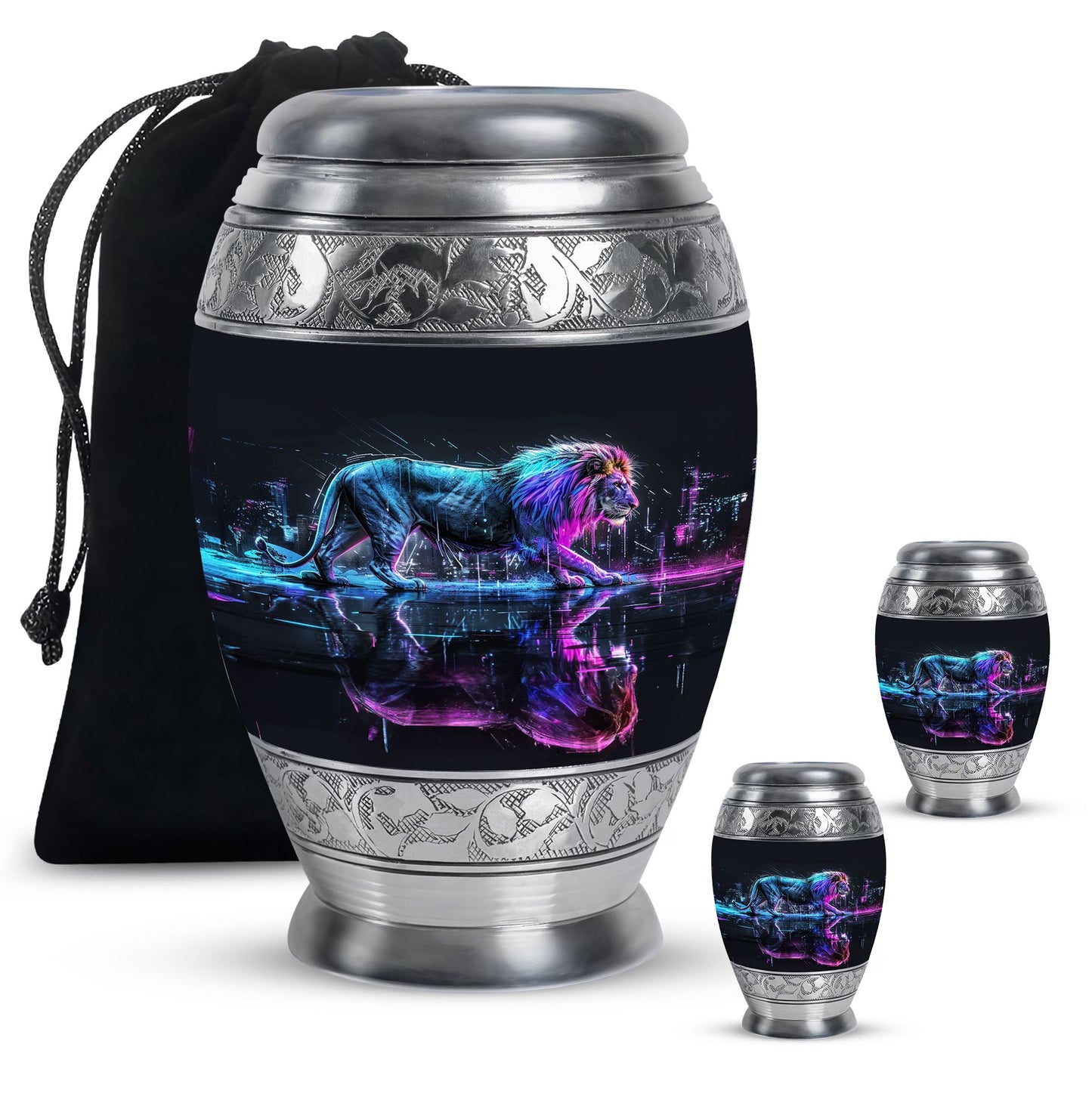 Lion Theme Large Urn With 2 Keepsake Urn
