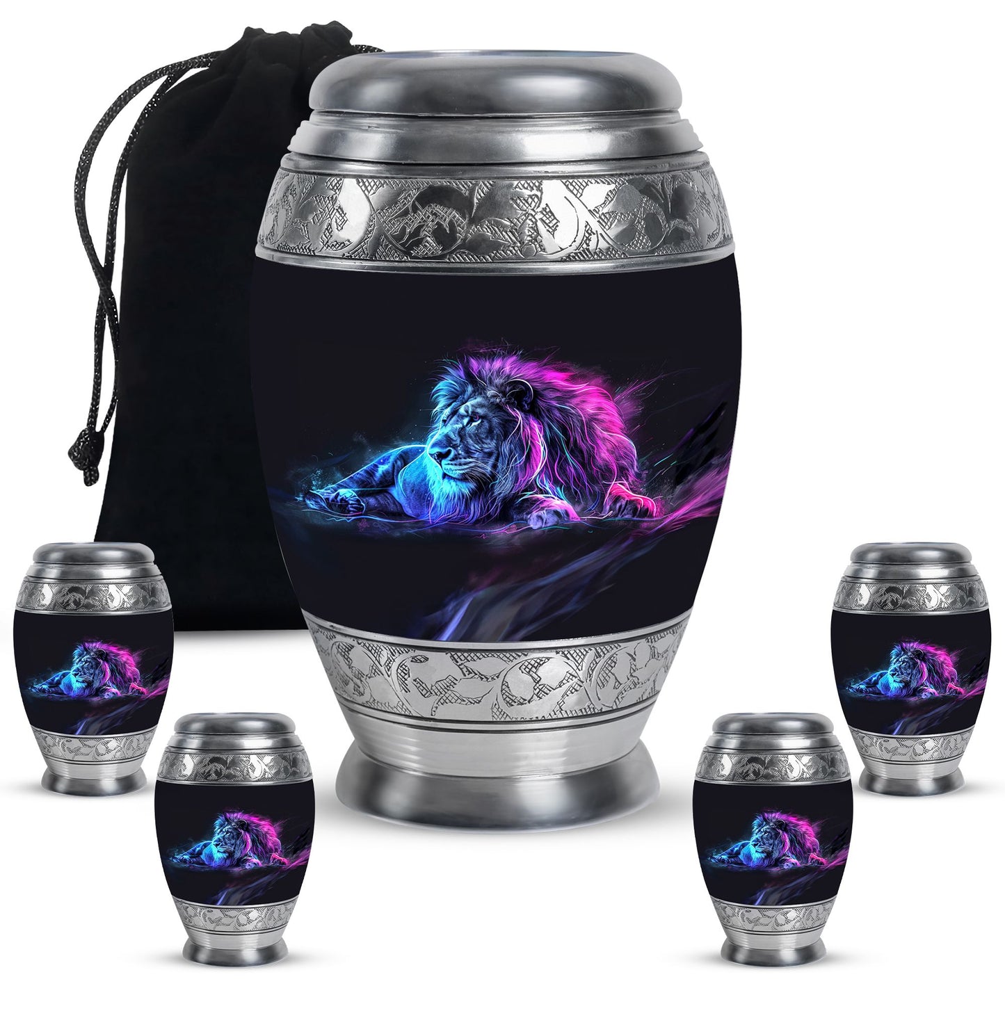 Lion Theme Large Urn With 4 Keepsake Urn
