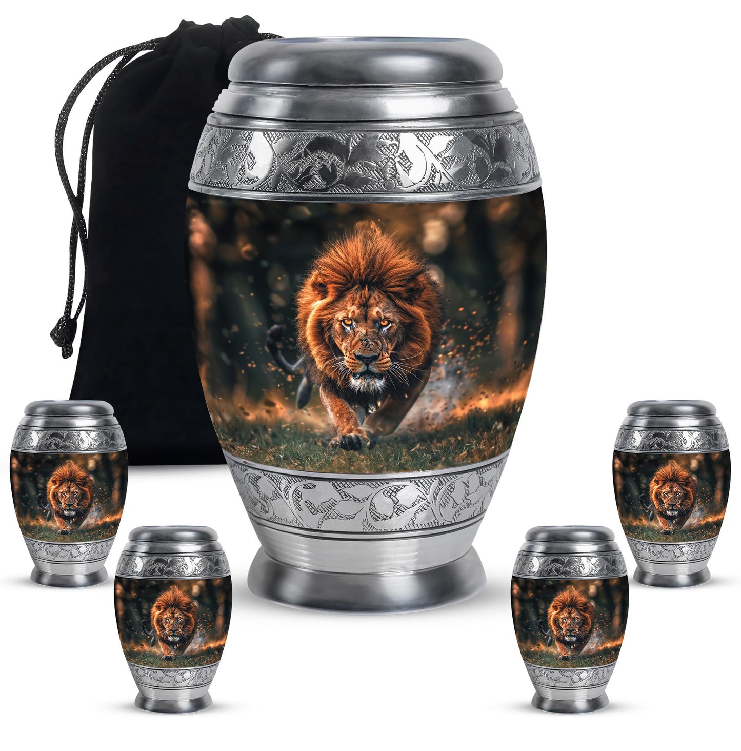 Lion Theme Large Urn With 4 Keepsake Urn