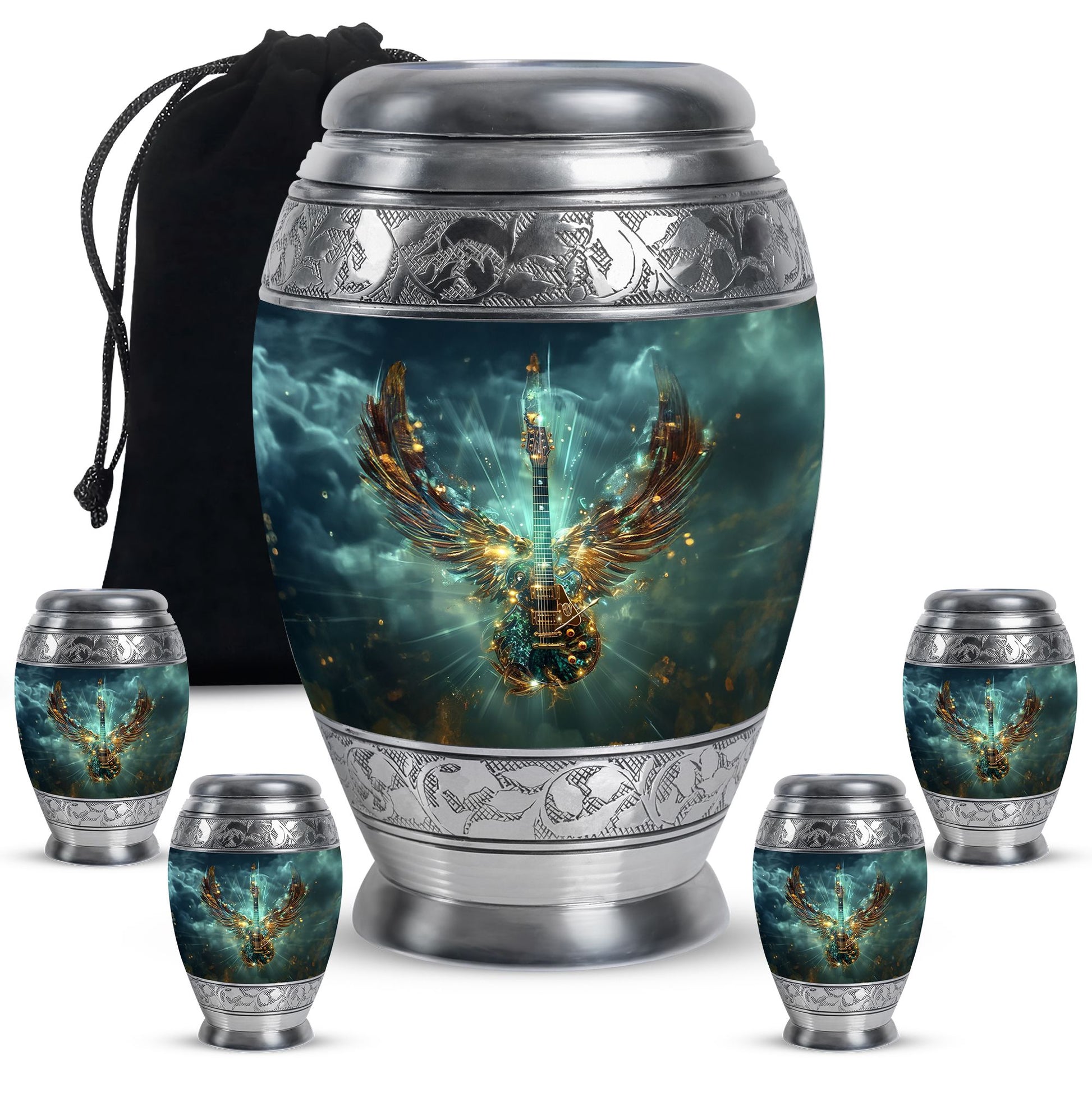 Guitar Theme Large Urn With 4 Keepsake Urn