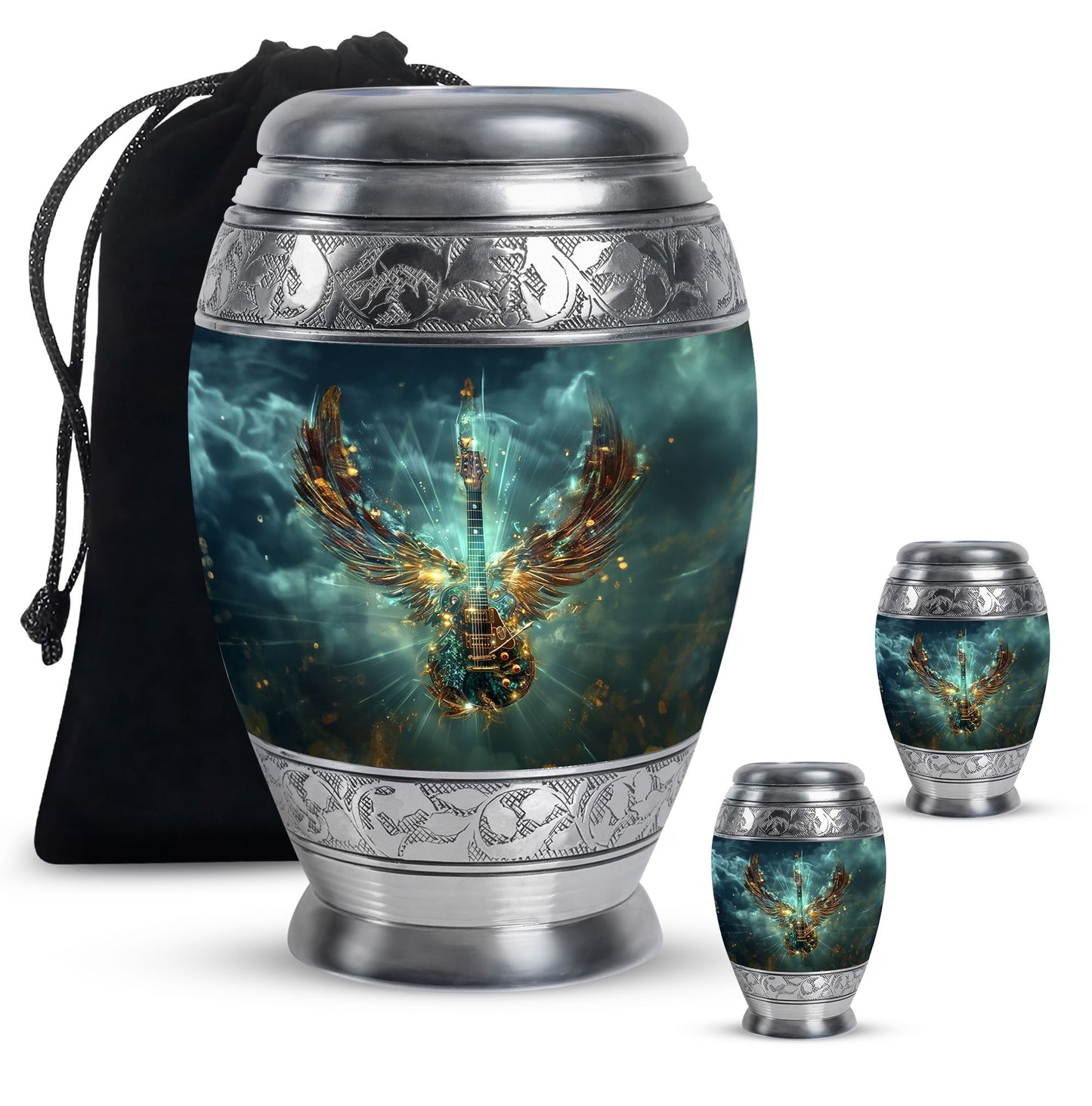 Guitar Theme Large Urn With 2 Keepsake Urn