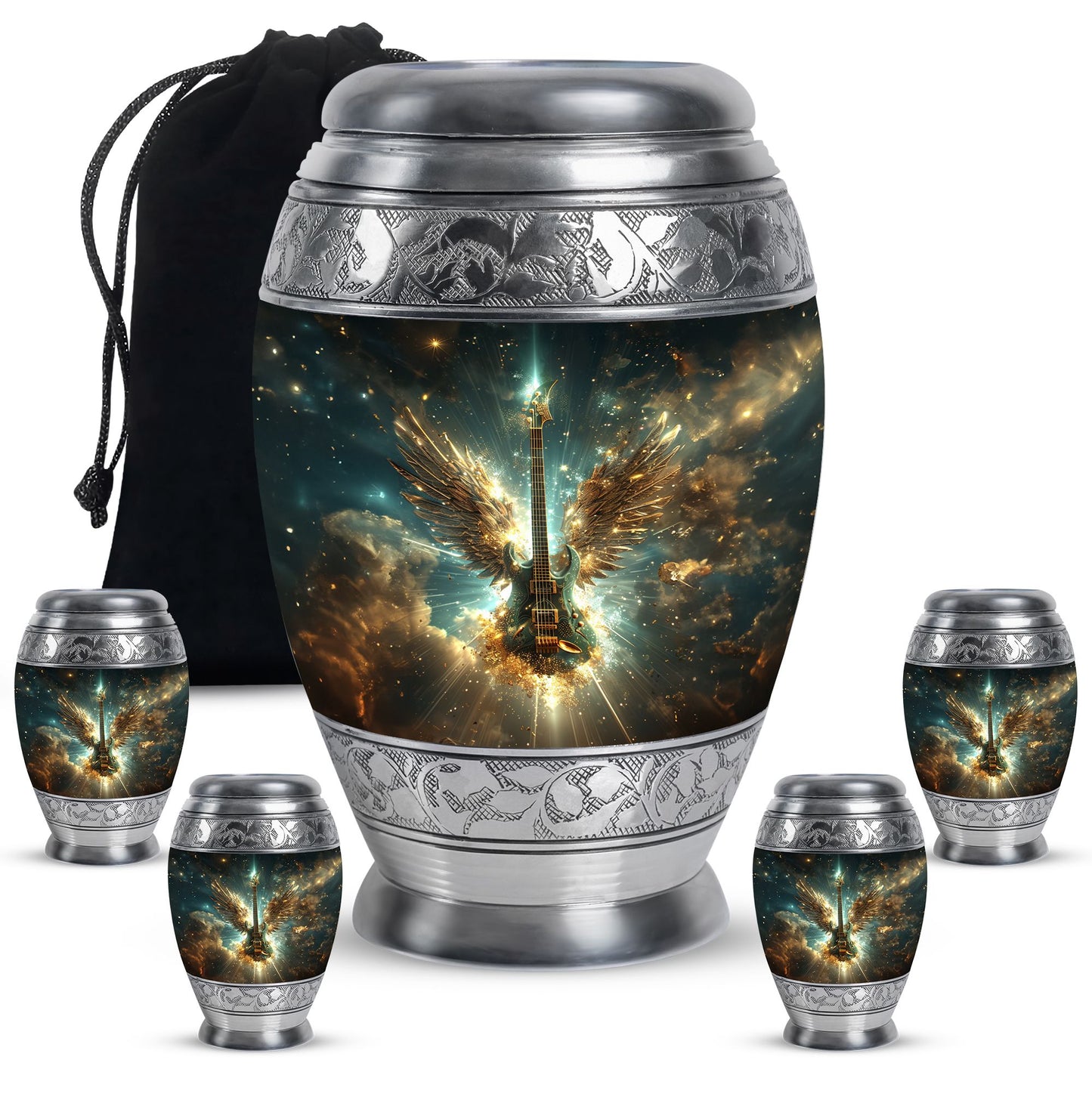 Guitar Theme Large Urn With 4 Keepsake Urn