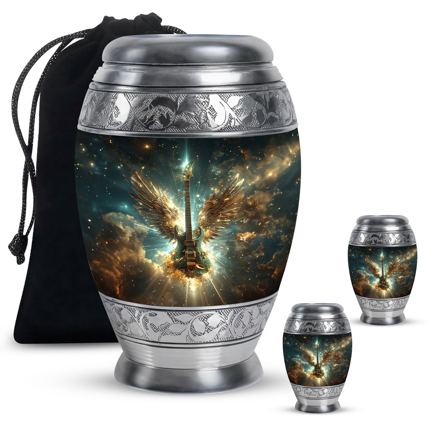 Guitar Theme Large Urn With 2 Keepsake Urn