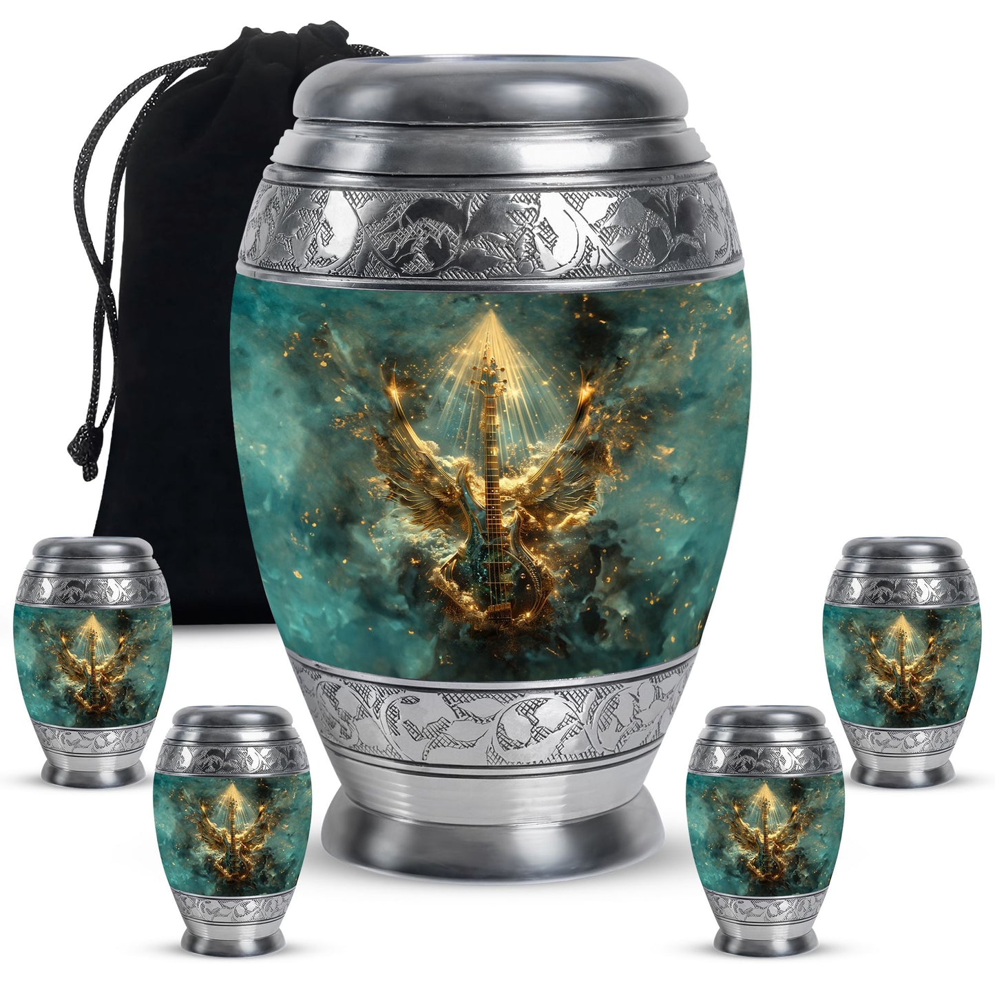 Guitar Theme Large Urn With 4 Keepsake Urn