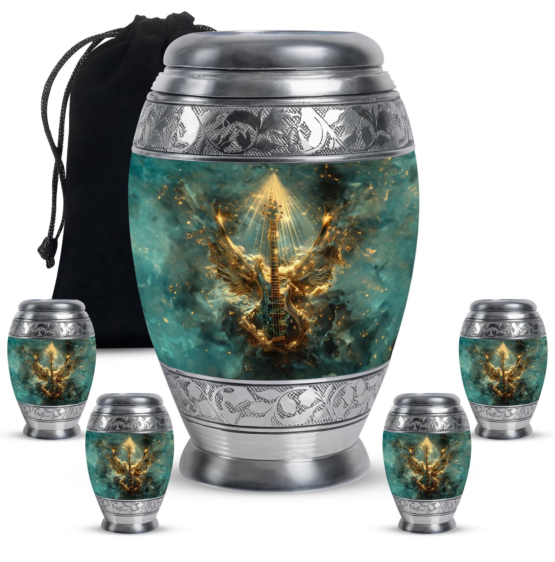 Guitar Theme Large Urn With 4 Keepsake Urn