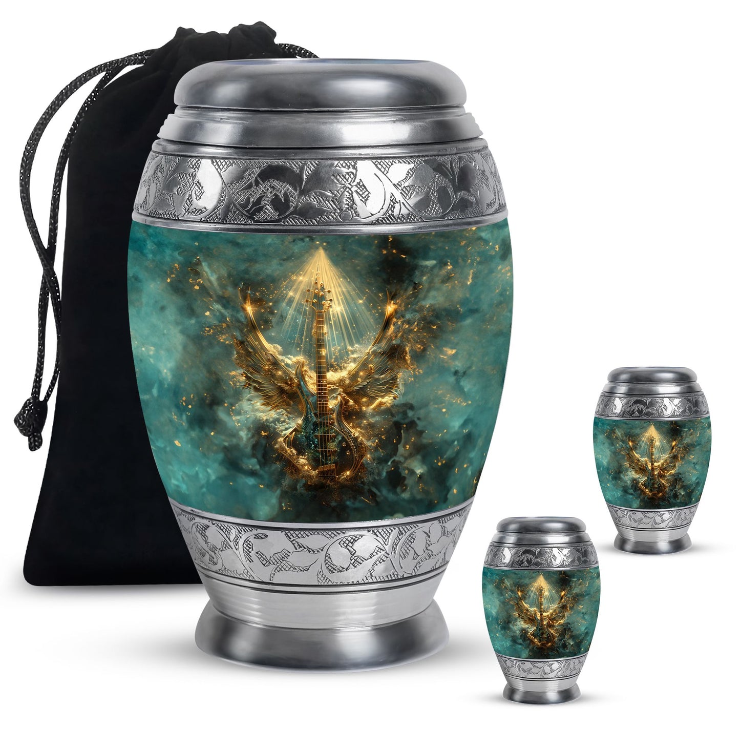 Guitar Theme Large Urn With 2 Keepsake Urn