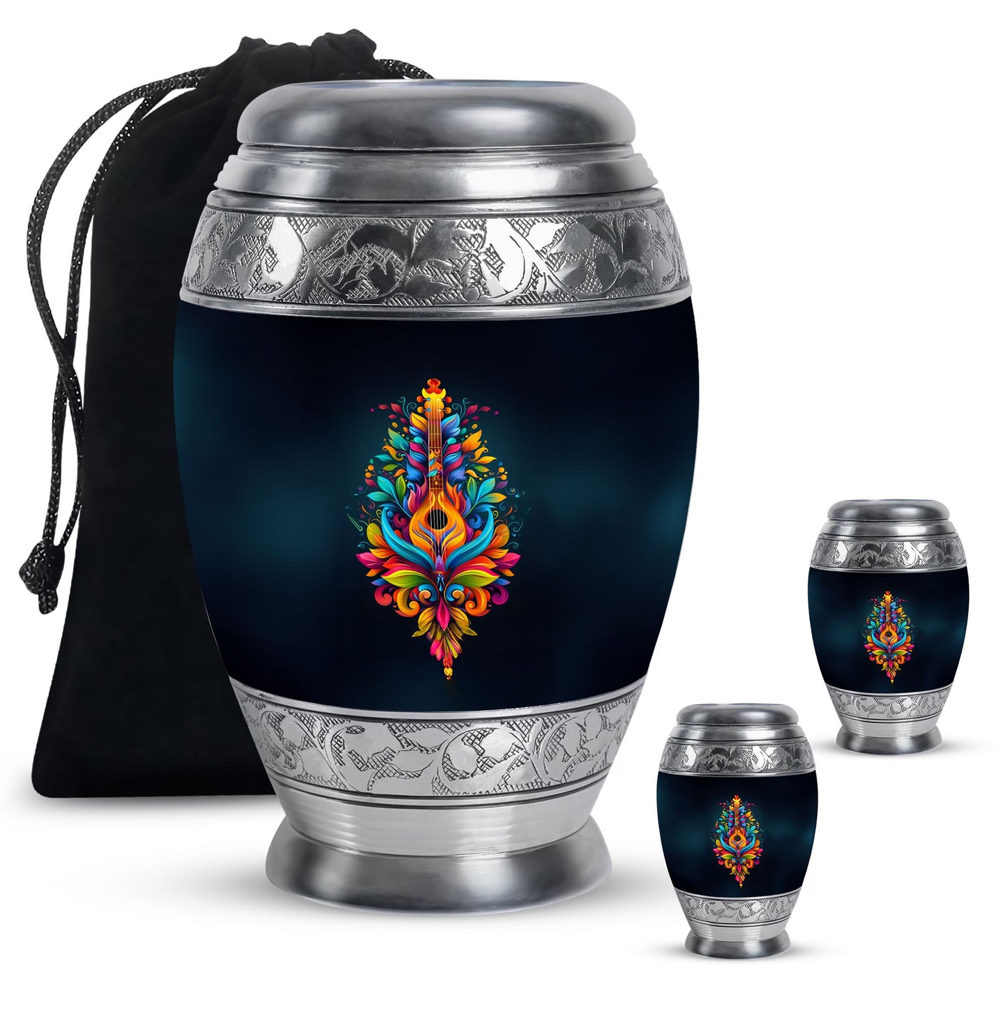 Guitar Theme Large Urn With 2 Keepsake Urn