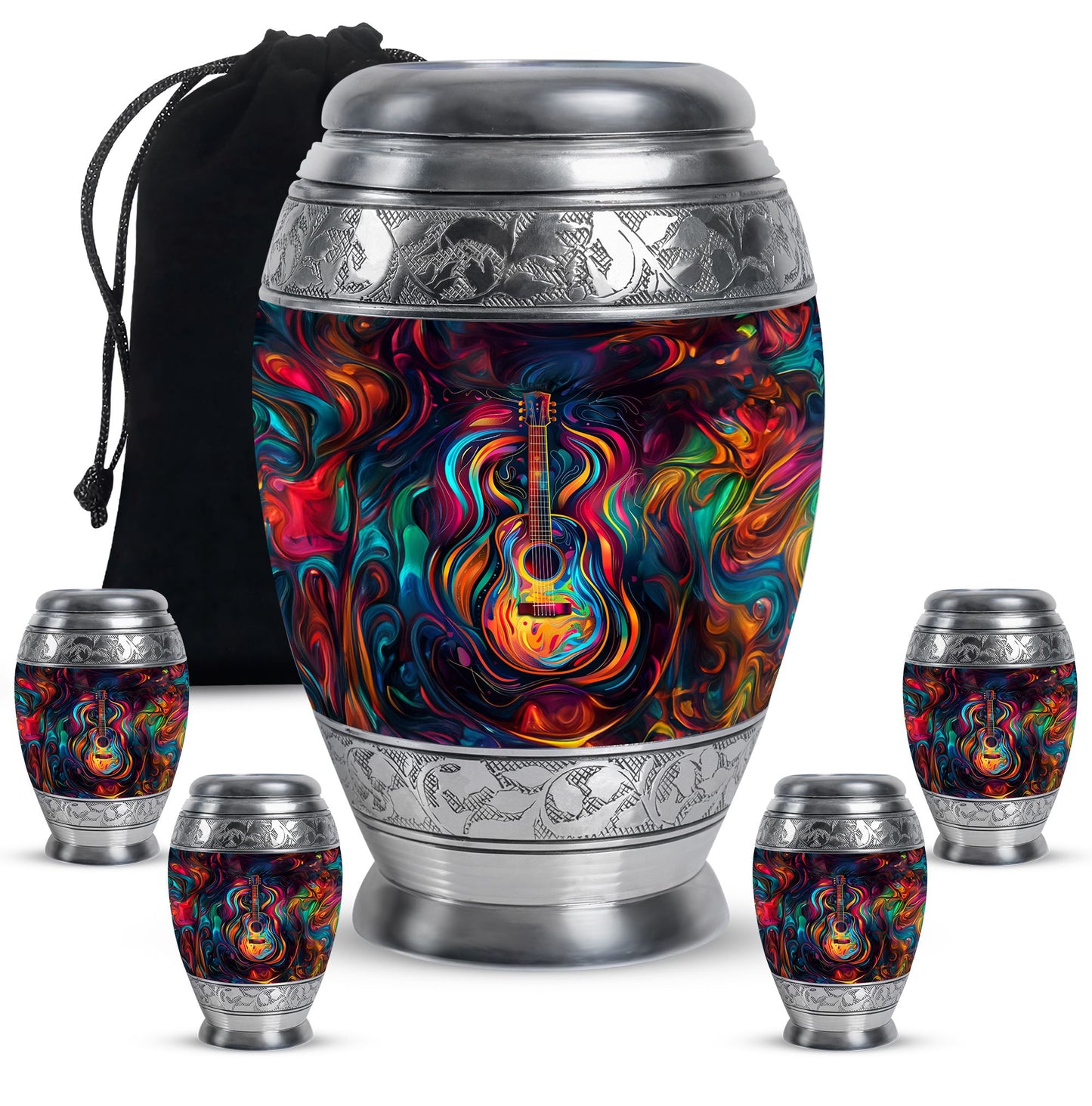 Guitar Theme Large Urn With 4 Keepsake Urn
