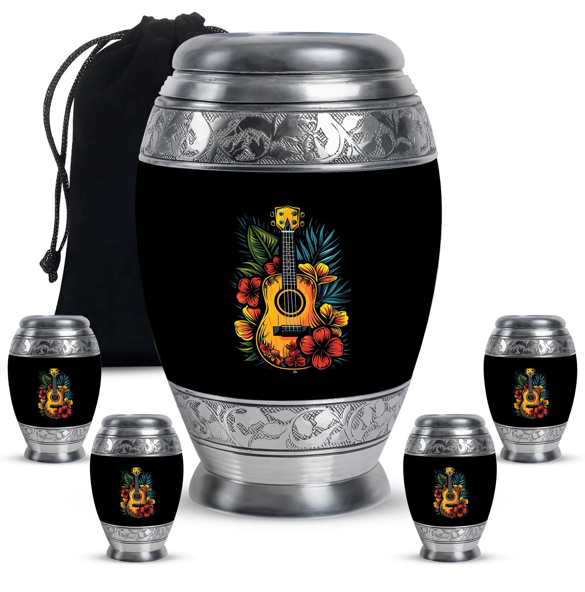 Guitar Theme Large Urn With 4 Keepsake Urn