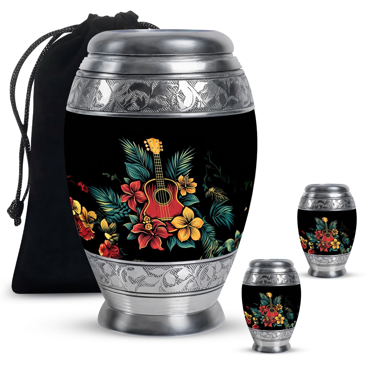 Guitar Theme Large Urn With 2 Keepsake Urn