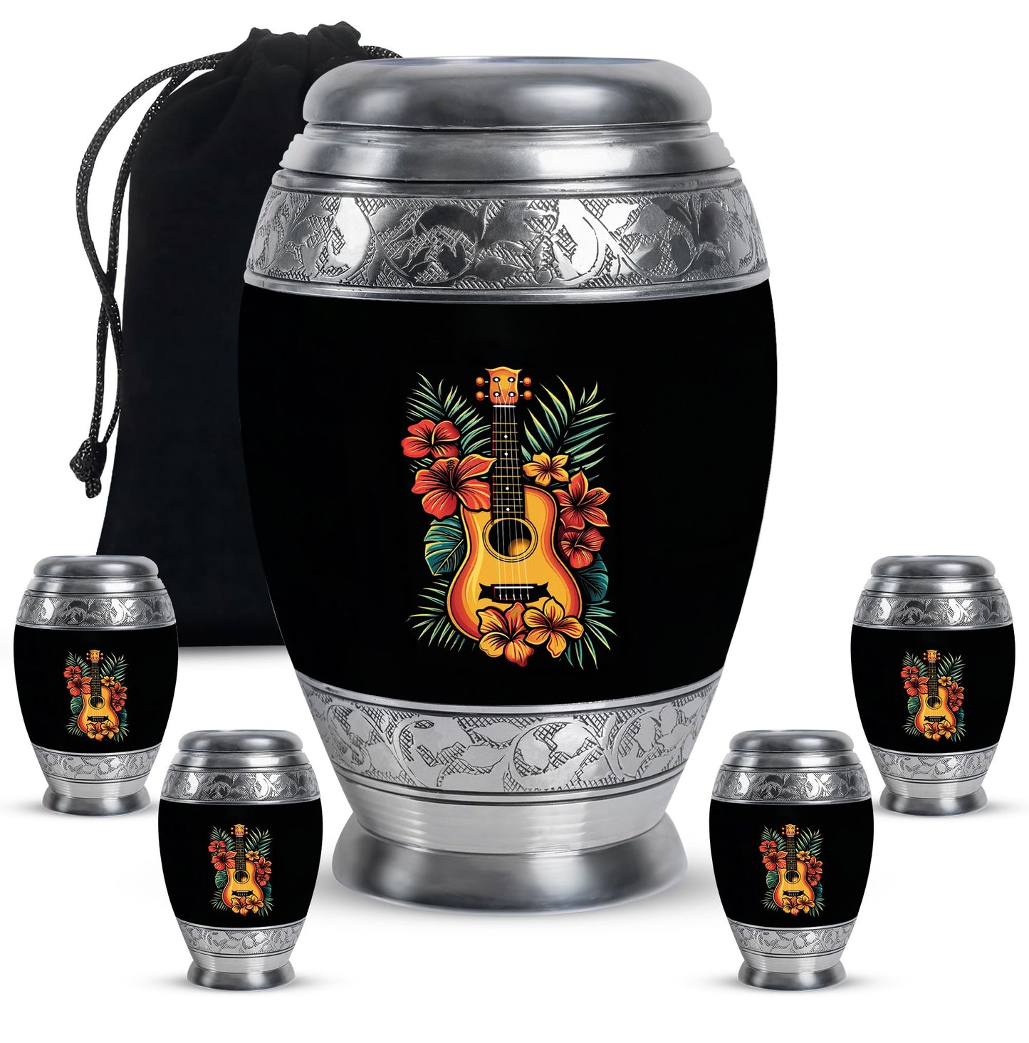 Guitar Theme Large Urn With 4 Keepsake Urn