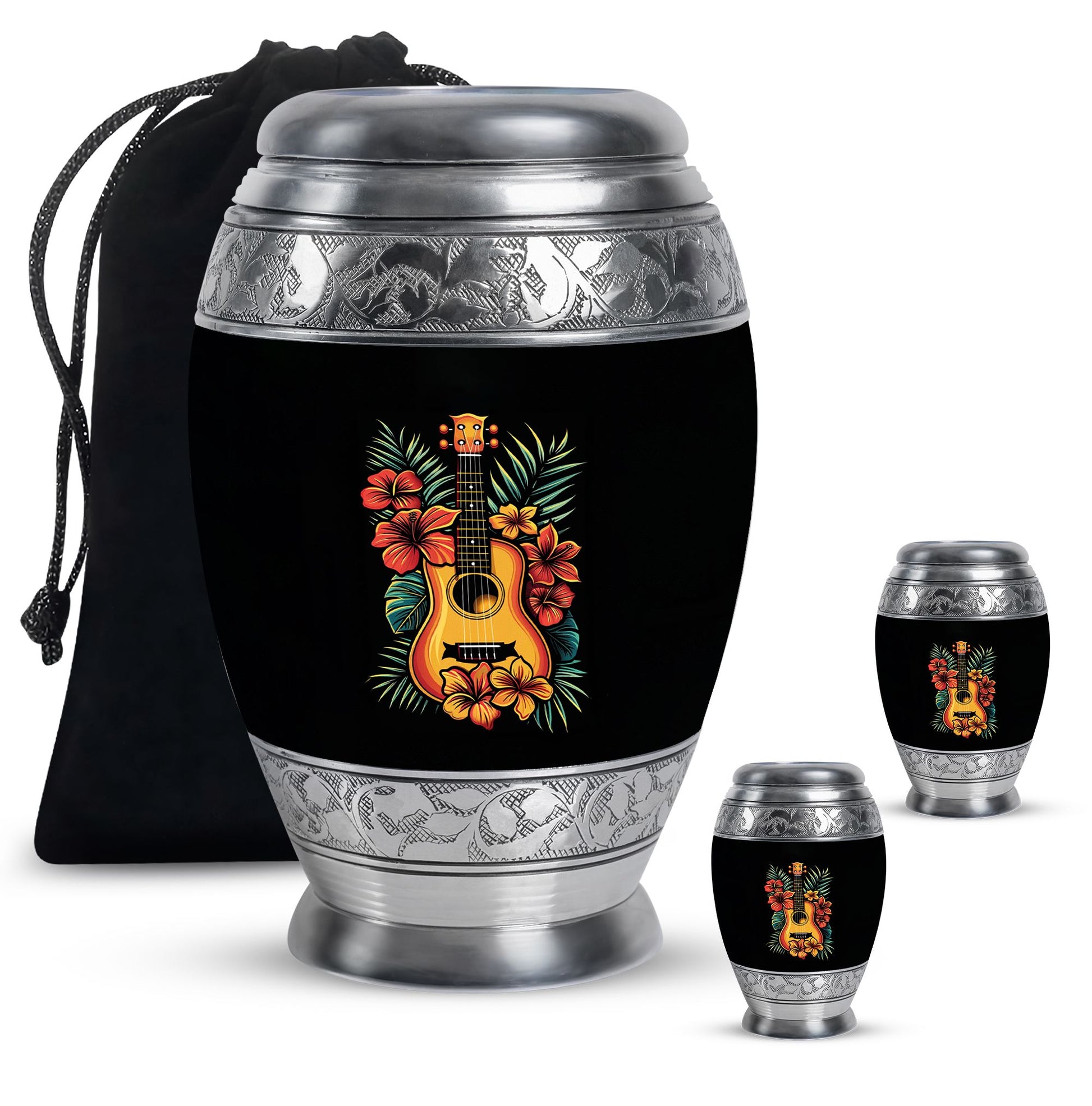 Guitar Theme Large Urn With 2 Keepsake Urn