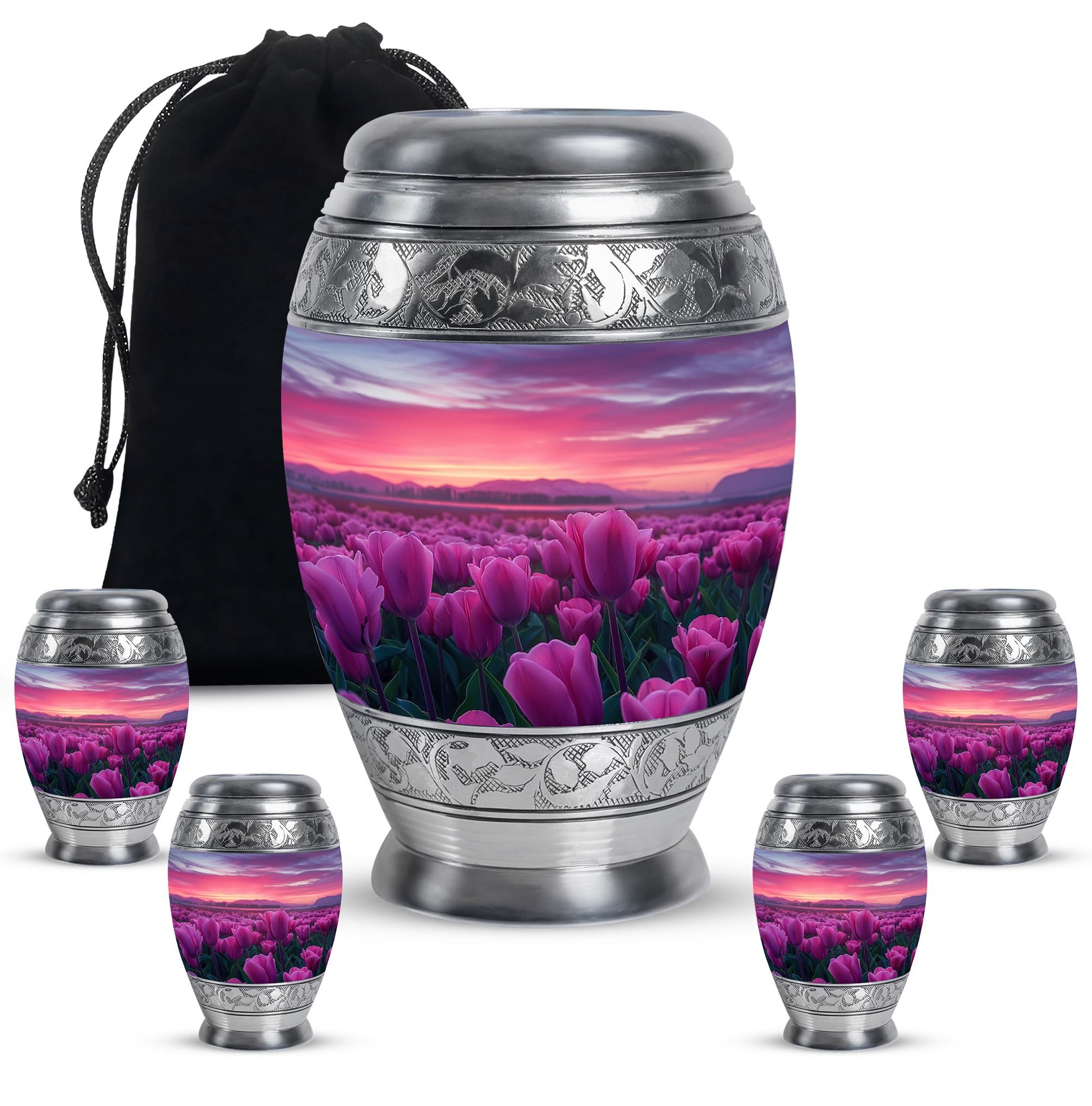 Tulips Theme Large Urn With 4 Keepsake Urn