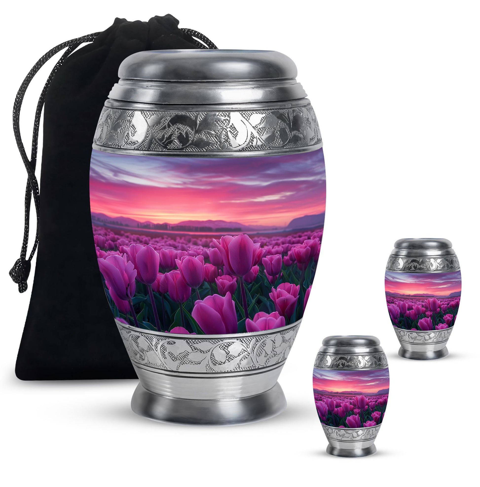Tulips Theme Large Urn With 2 Keepsake Urn