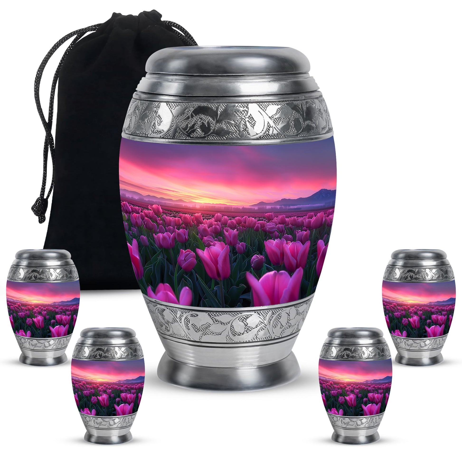Tulips Theme Large Urn With 4 Keepsake Urn