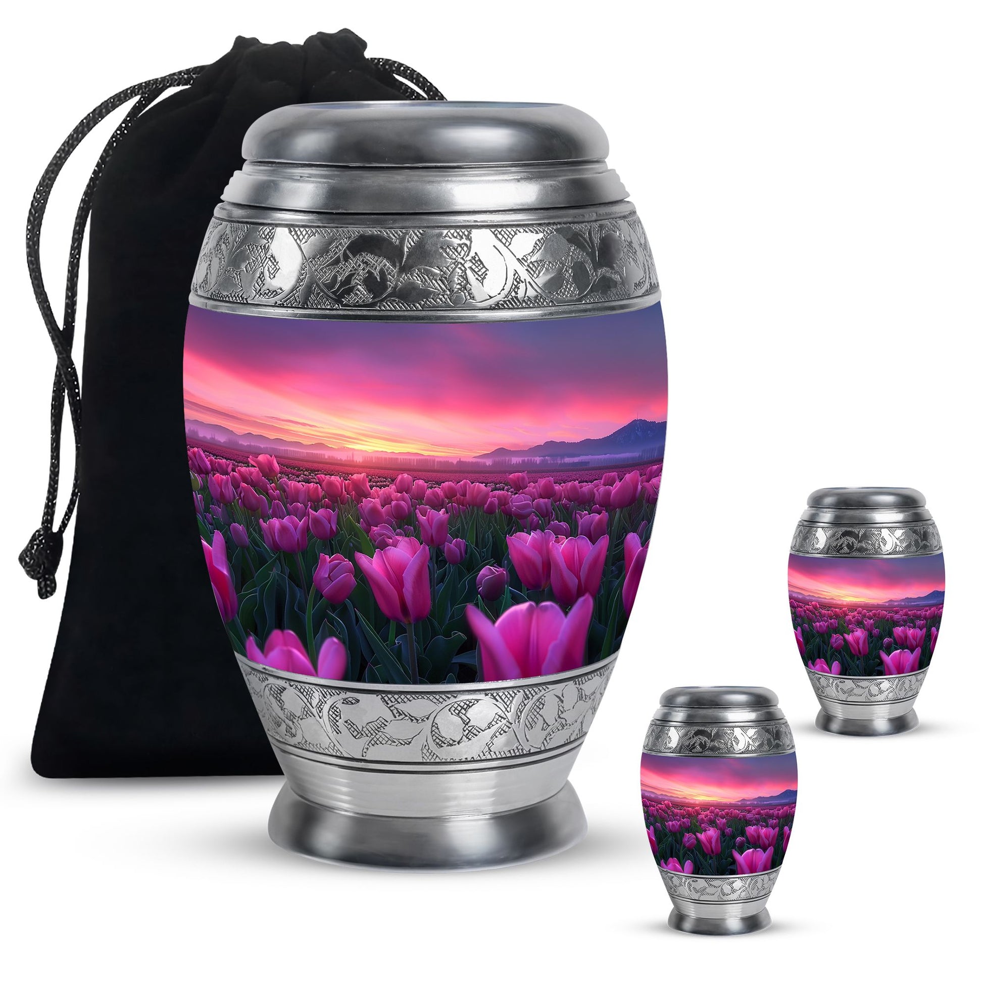 Tulips Theme Large Urn With 2 Keepsake Urn
