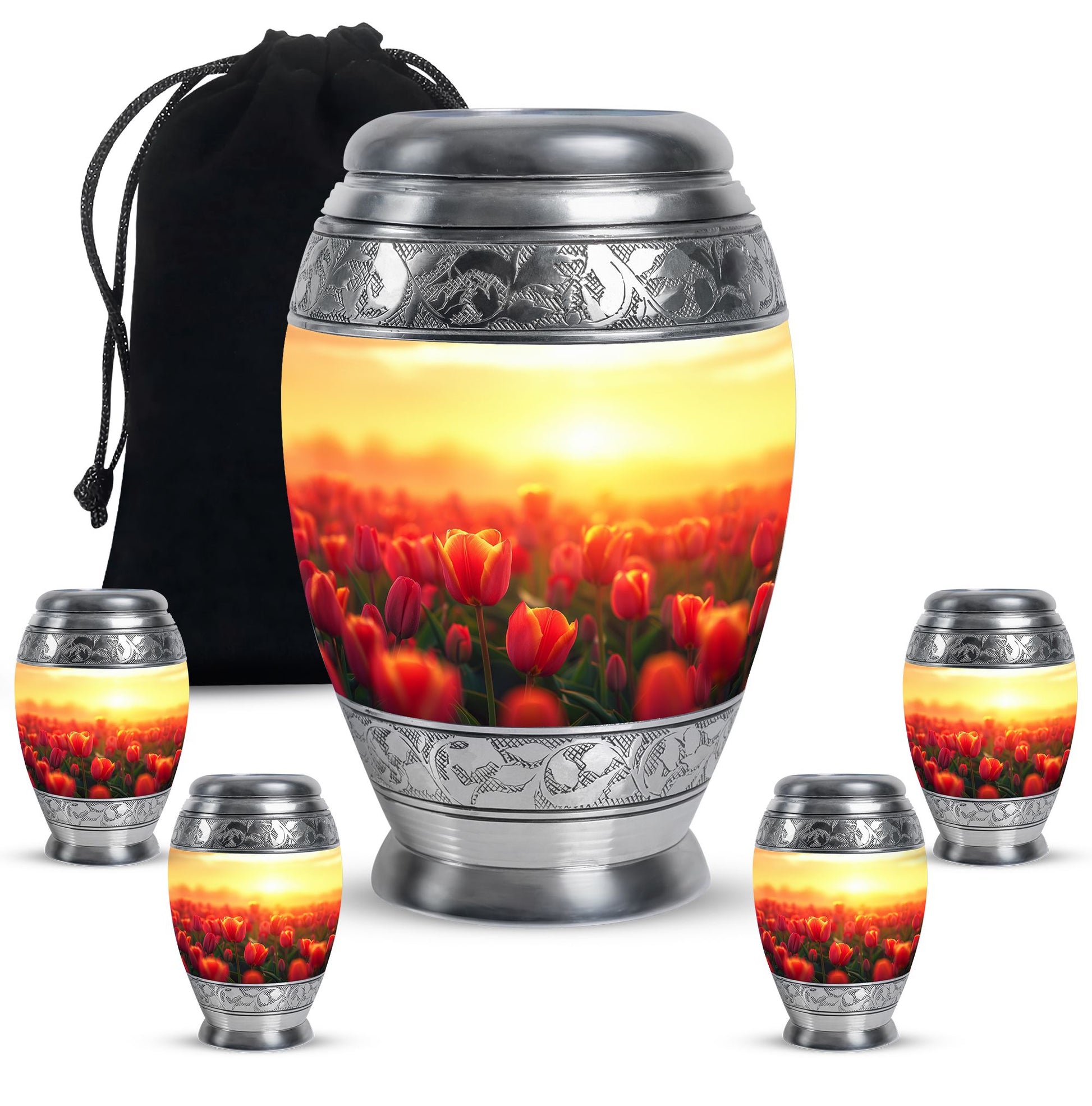 Tulips Theme Large Urn With 4 Keepsake Urn
