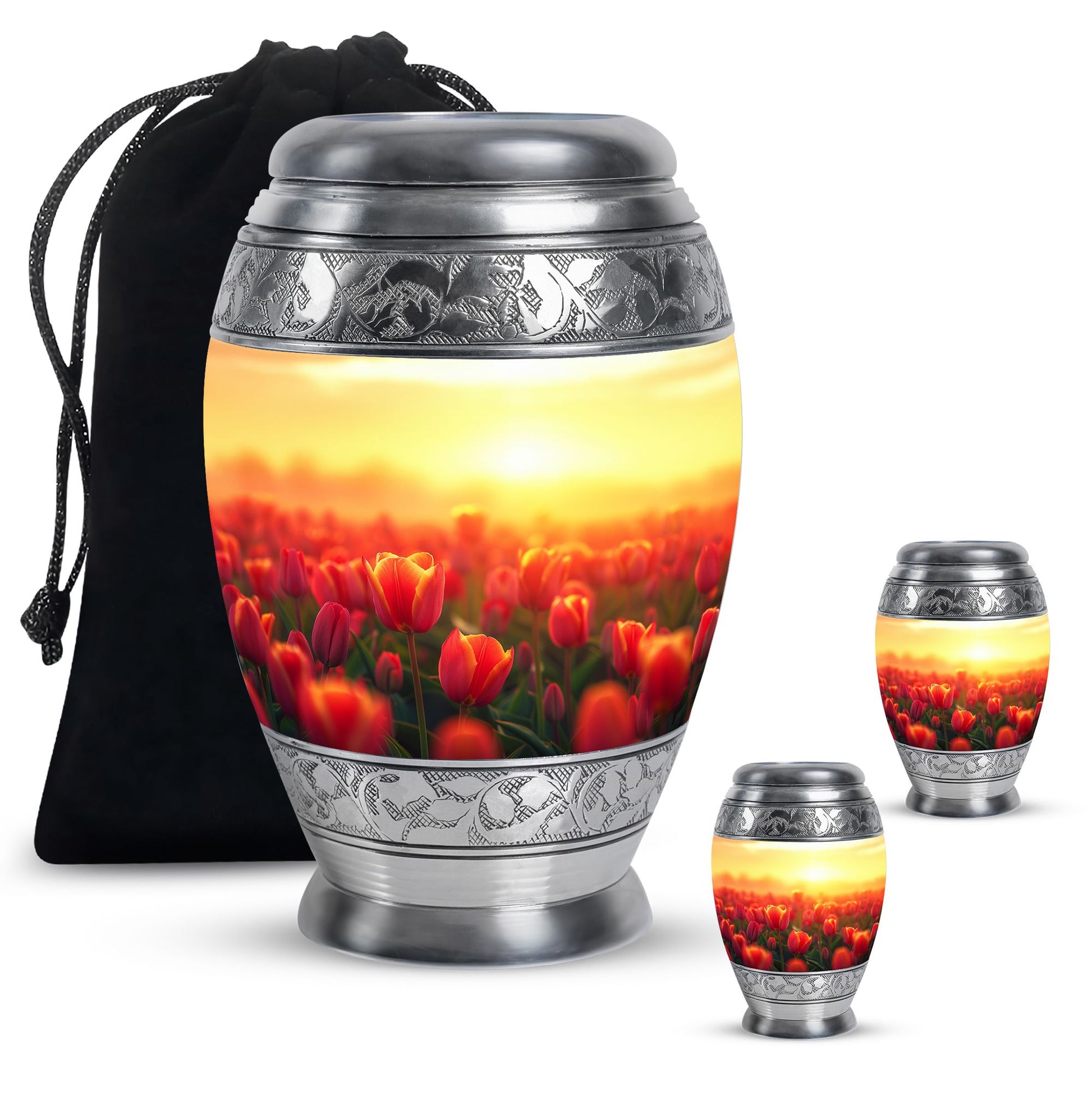 Tulips Theme Large Urn With 2 Keepsake Urn
