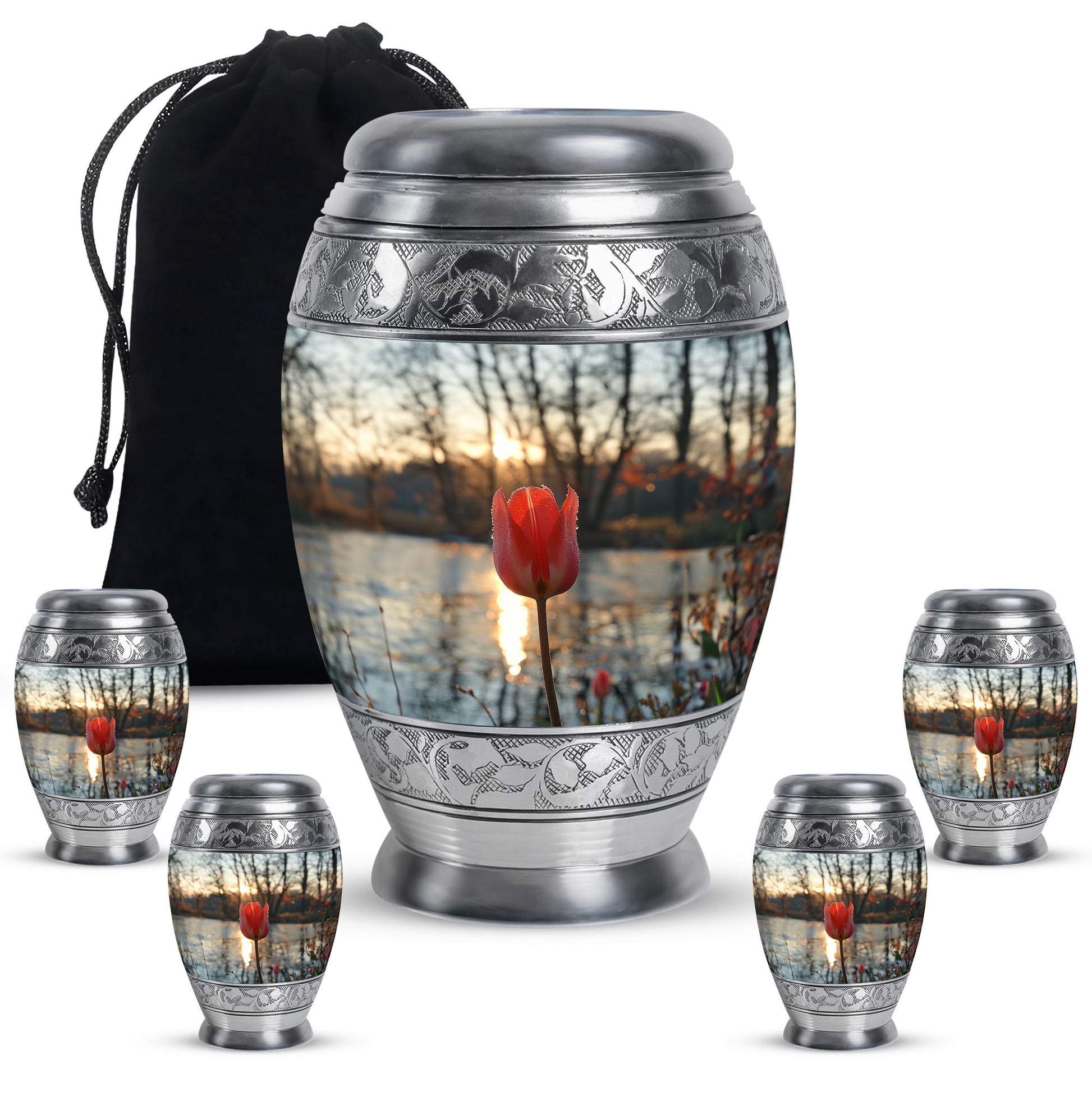 Tulips Theme Large Urn With 4 Keepsake Urn