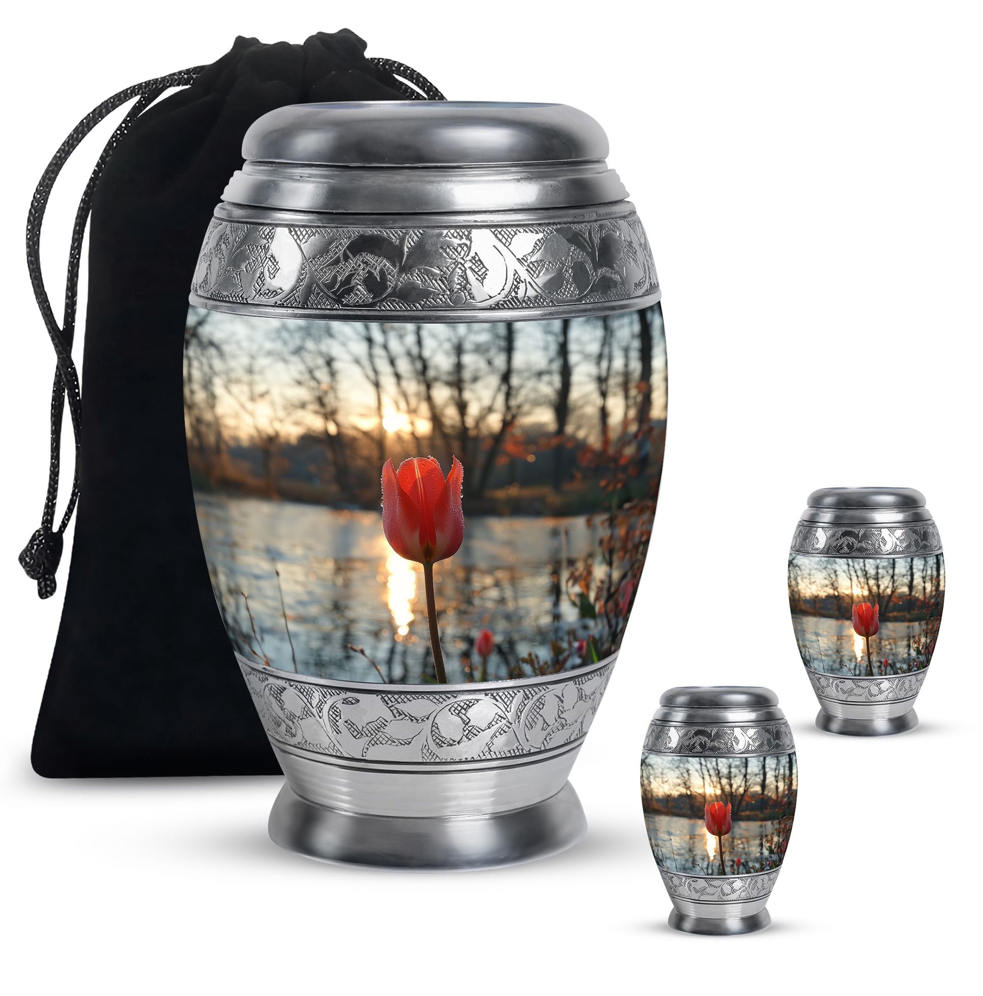 Tulips Theme Large Urn With 2 Keepsake Urn