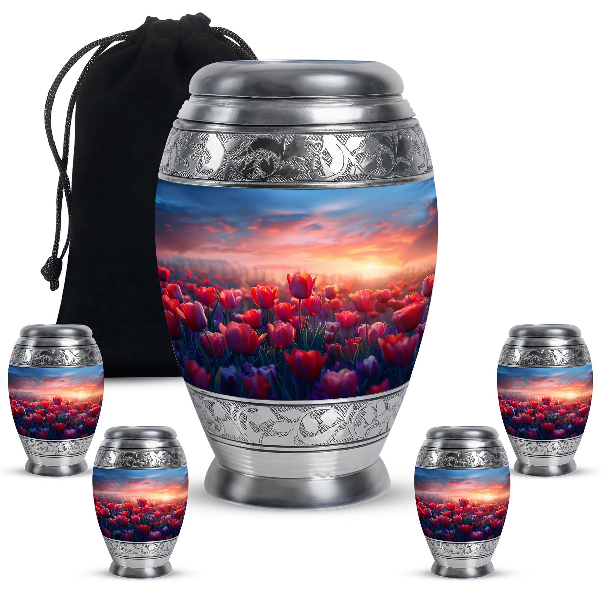 Tulips Theme Large Urn With 4 Keepsake Urn