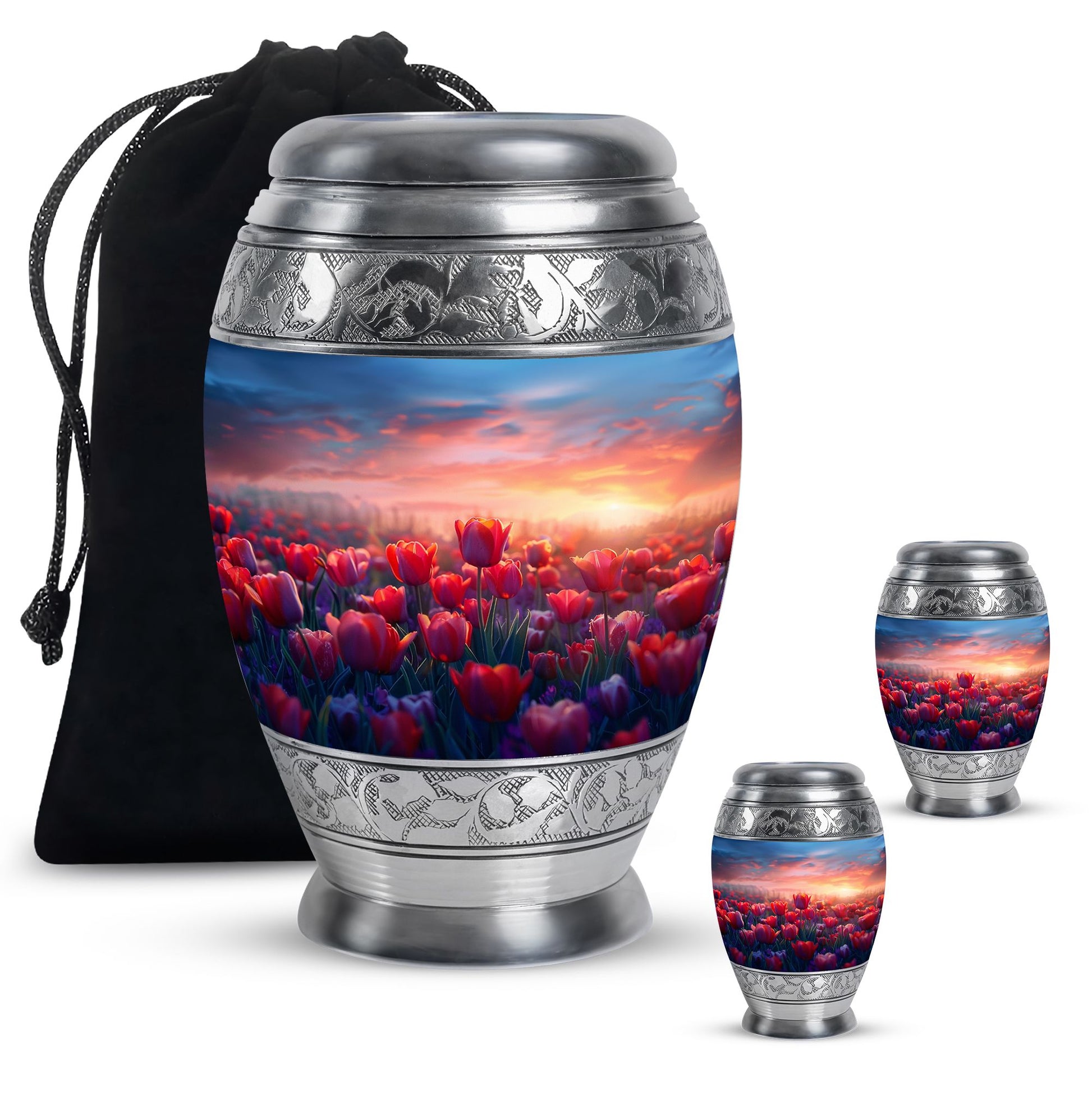 Tulips Theme Large Urn With 2 Keepsake Urn