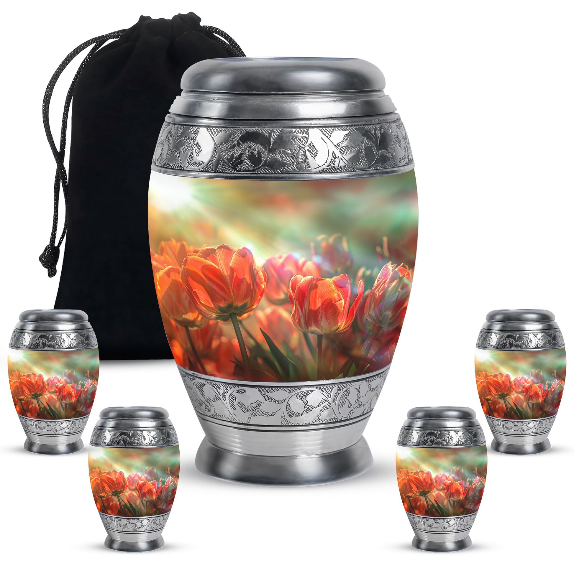Tulips Theme Large Urn With 4 Keepsake Urn