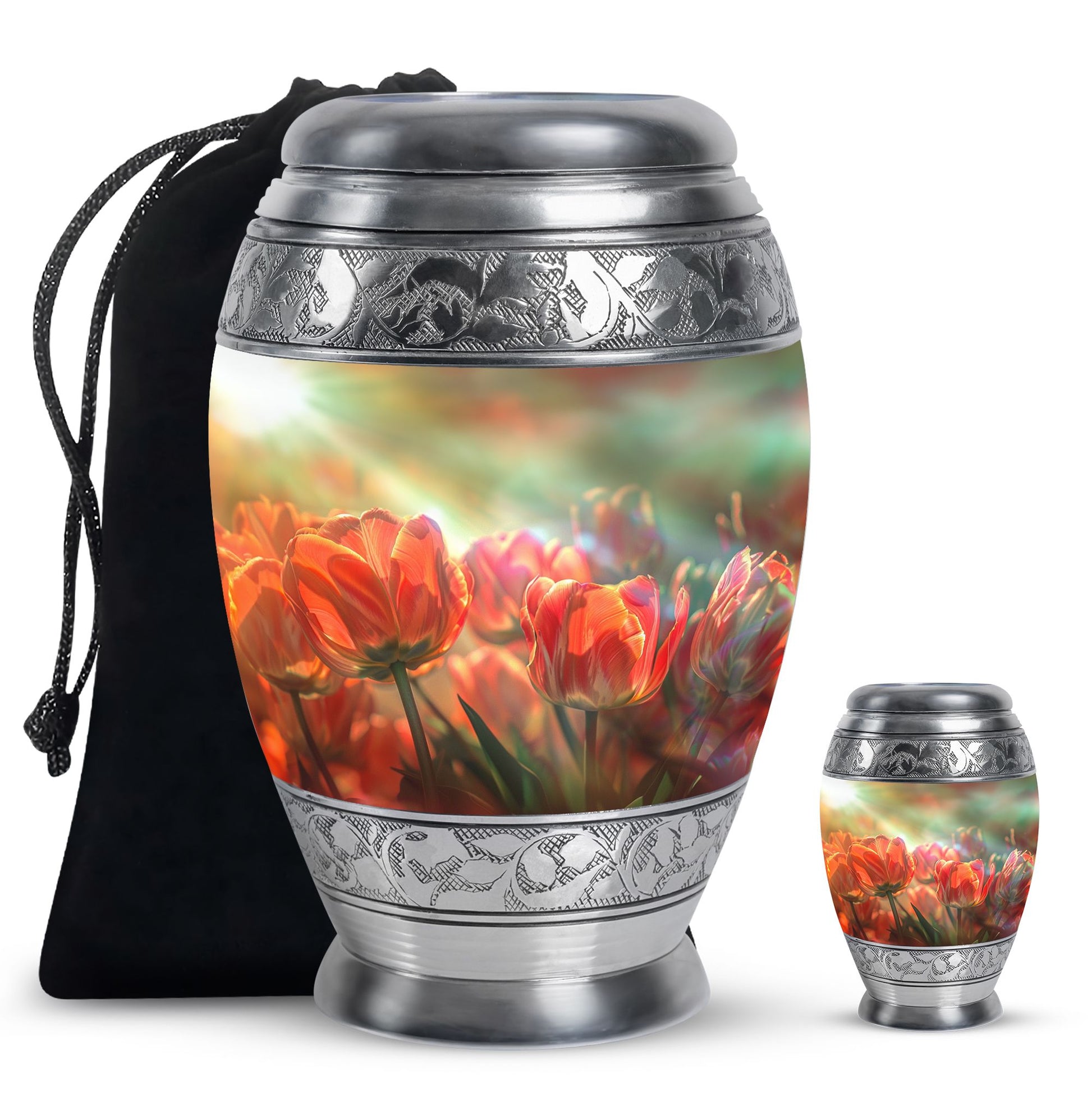 Tulips Theme Large Urn With 1 Keepsake Urn