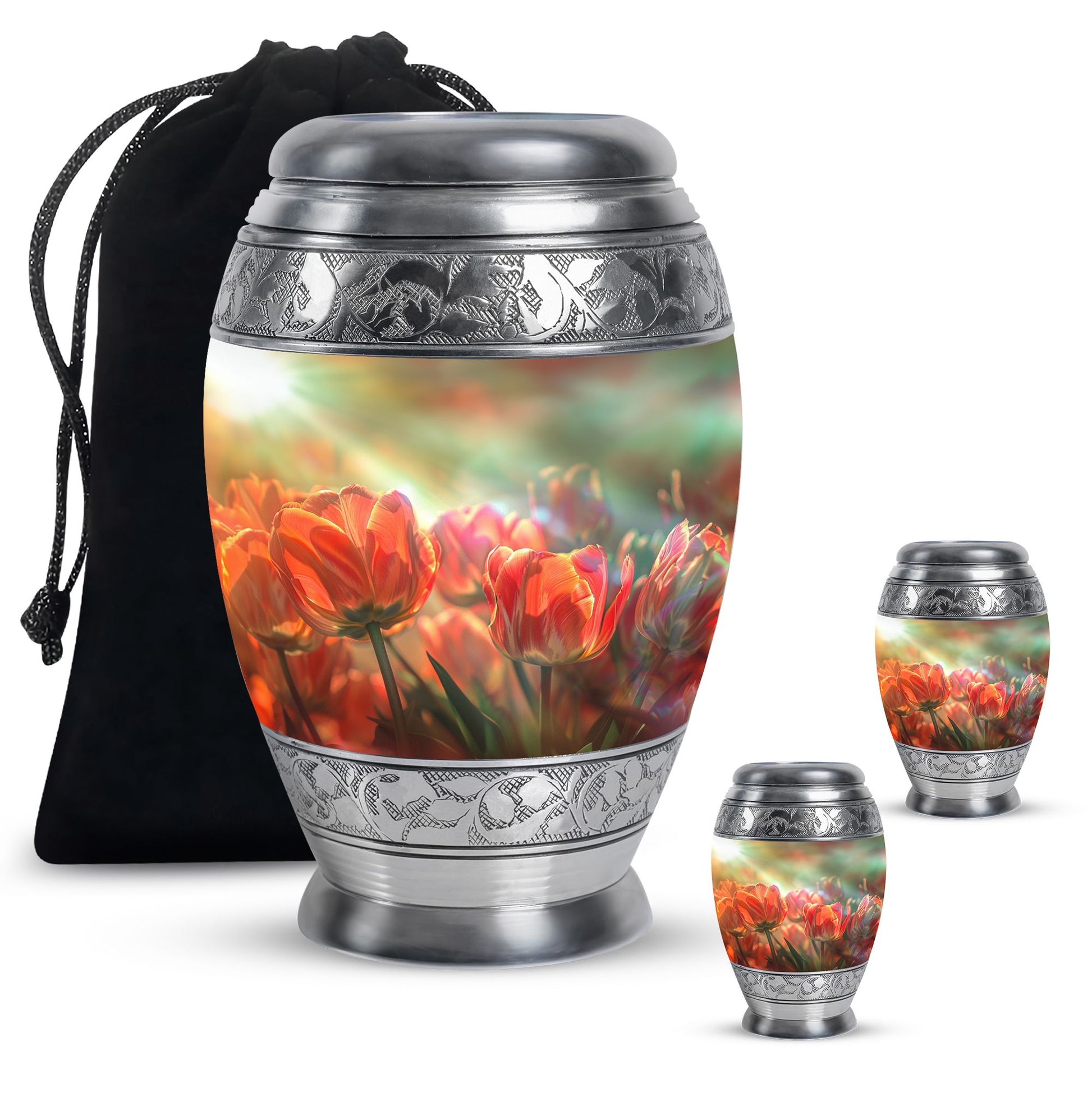Tulips Theme Large Urn With 2 Keepsake Urn