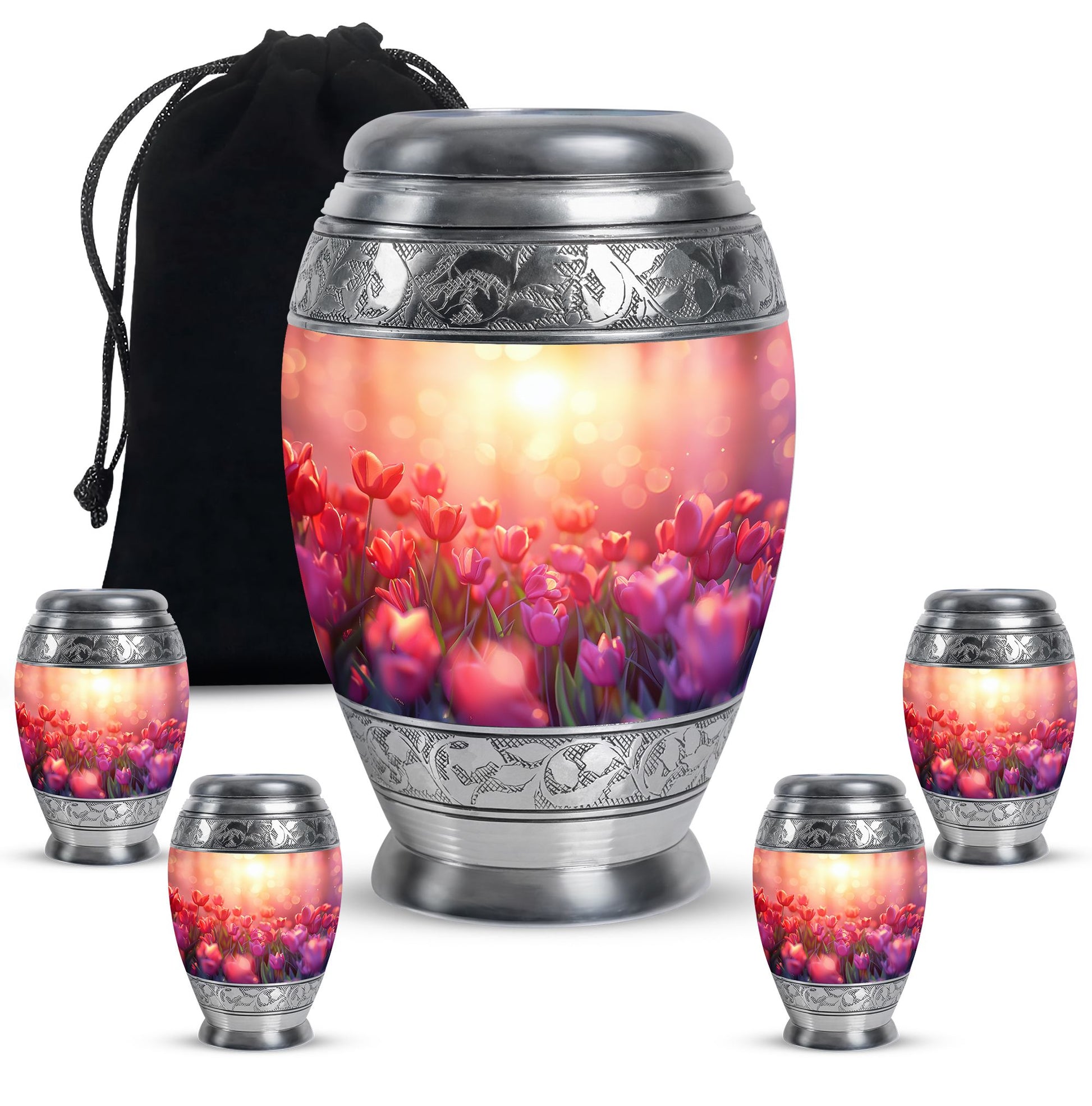 Tulips Theme Large Urn With 4 Keepsake Urn