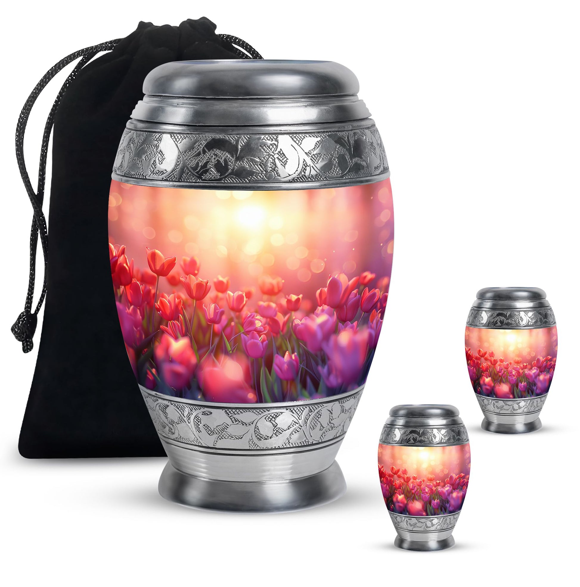 Tulips Theme Large Urn With 2 Keepsake Urn