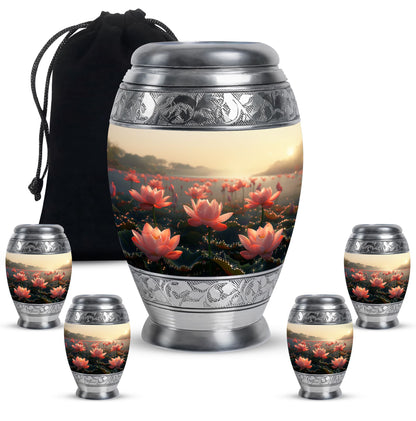 Lotus Theme Large Urn With 4 Keepsake Urn