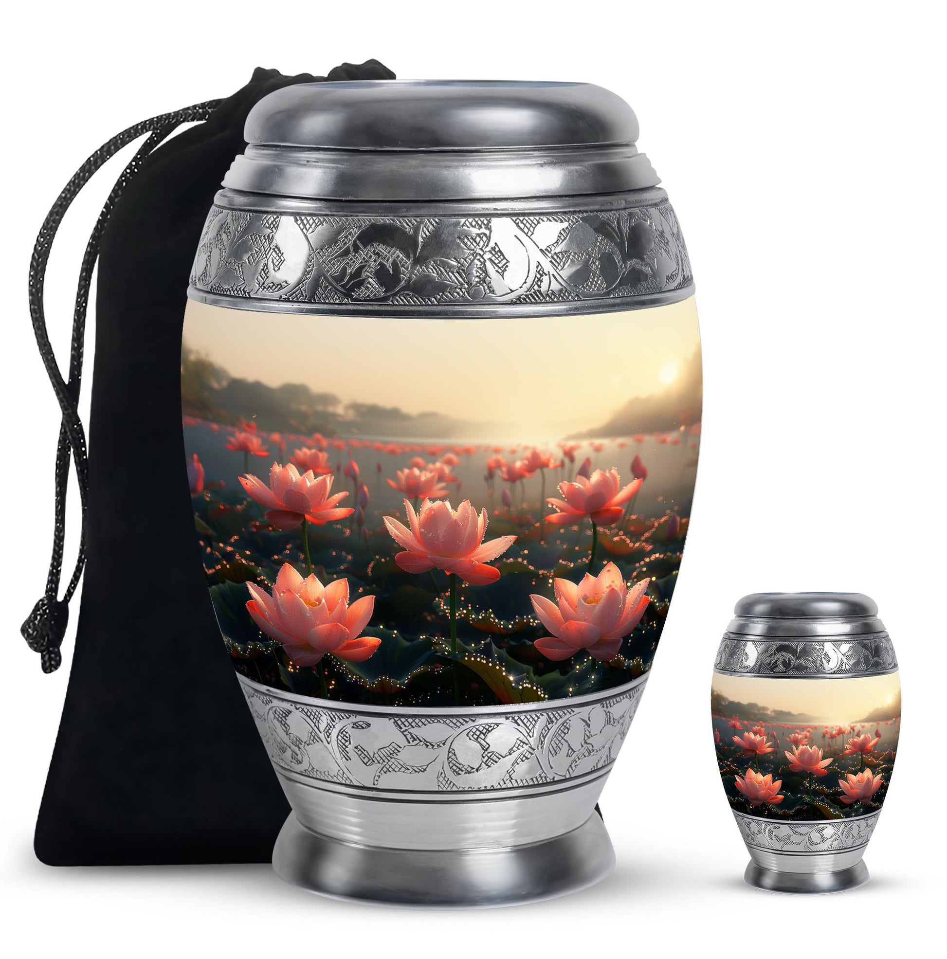 Lotus Theme Large Urn With 1 Keepsake Urn