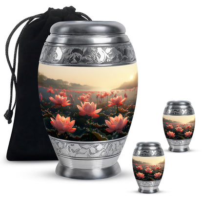 Lotus Theme Large Urn With 2 Keepsake Urn
