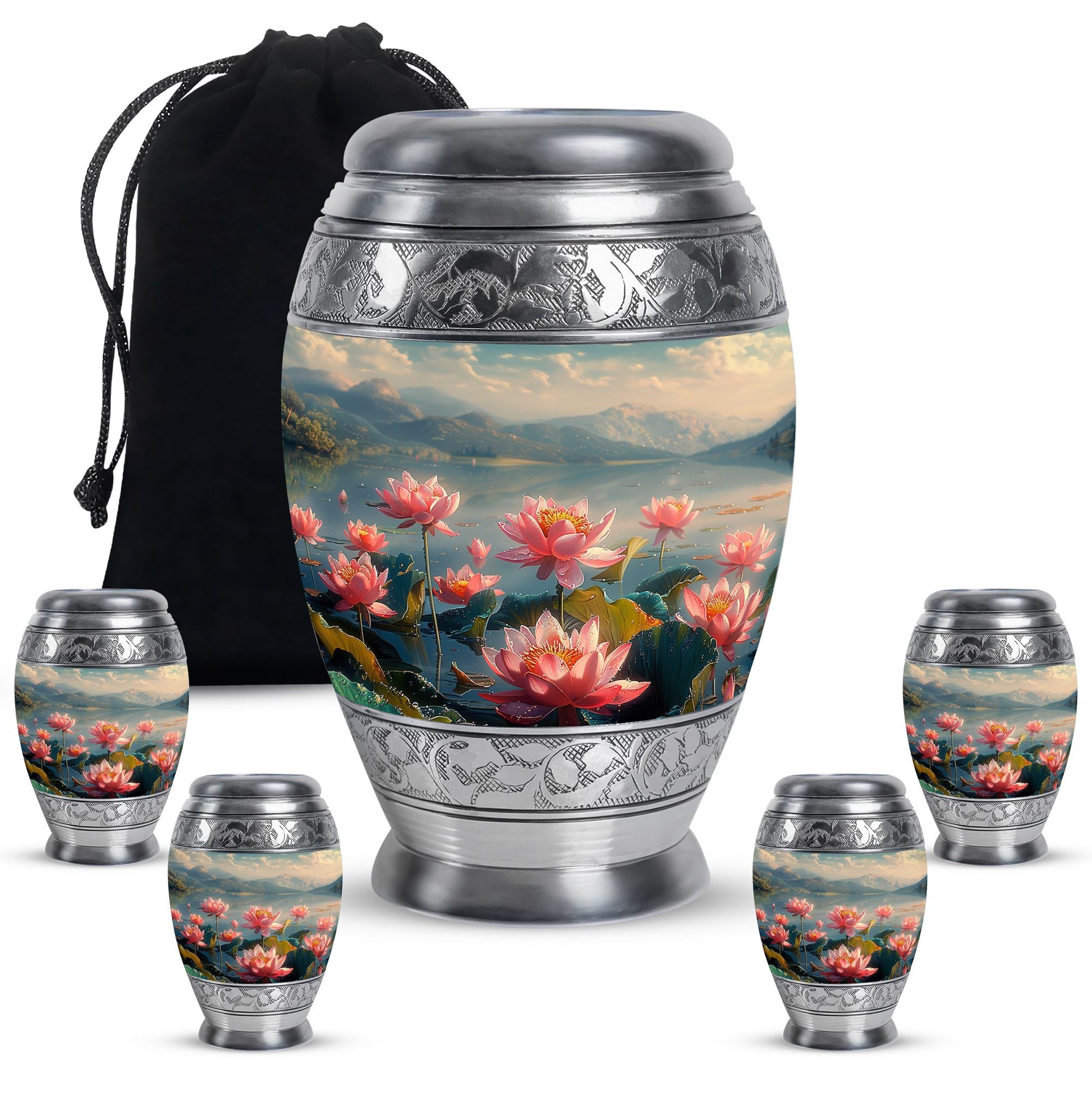 Lotus Theme Large Urn With 4 Keepsake Urn