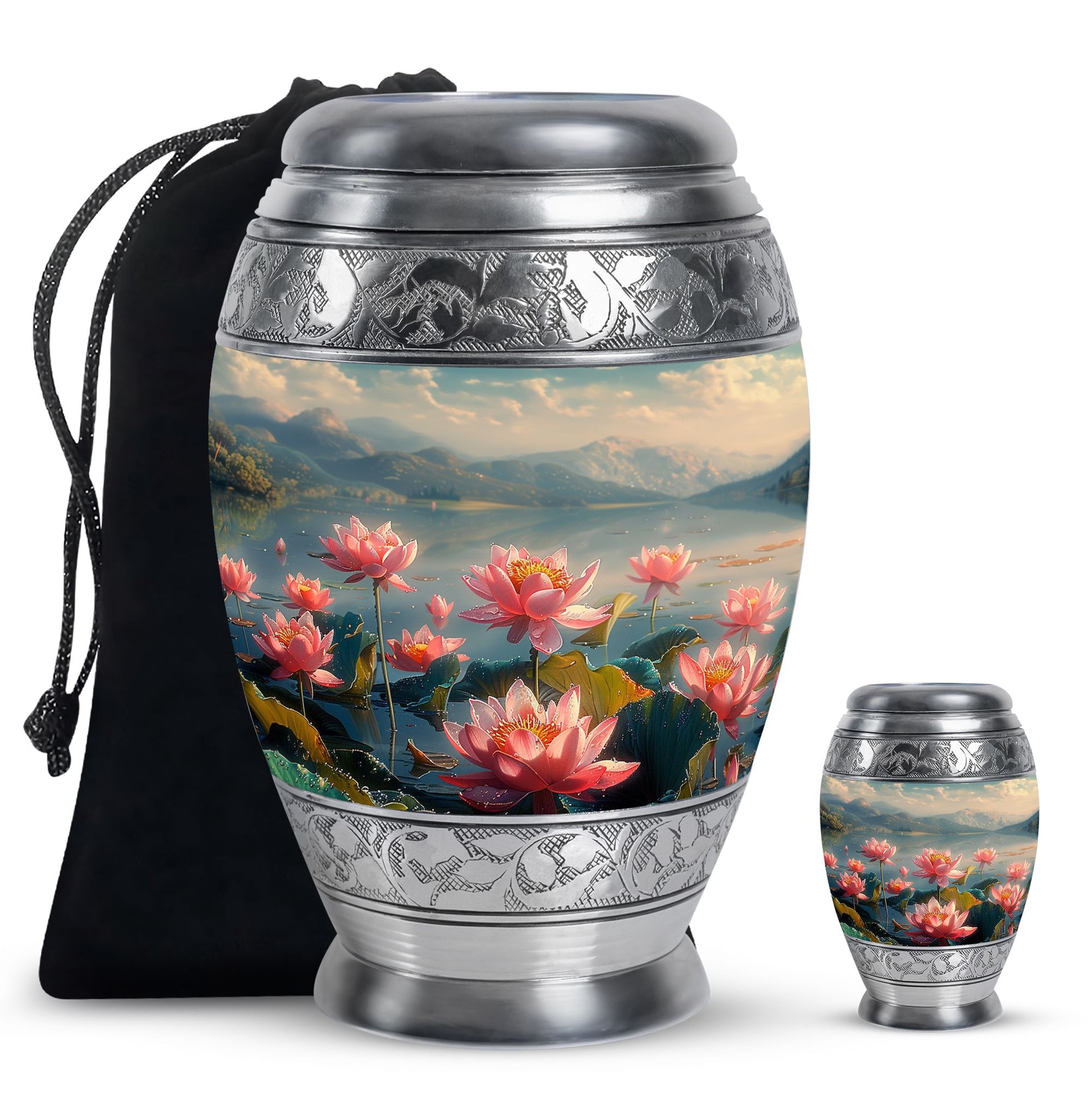Lotus Theme Large Urn With 1 Keepsake Urn
