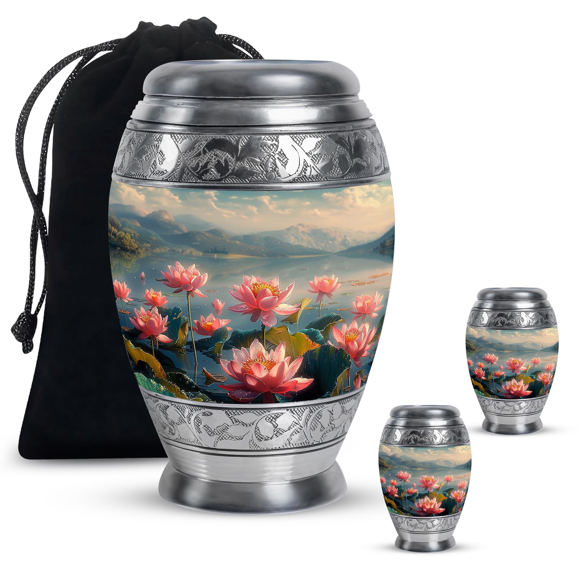 Lotus Theme Large Urn With 2 Keepsake Urn
